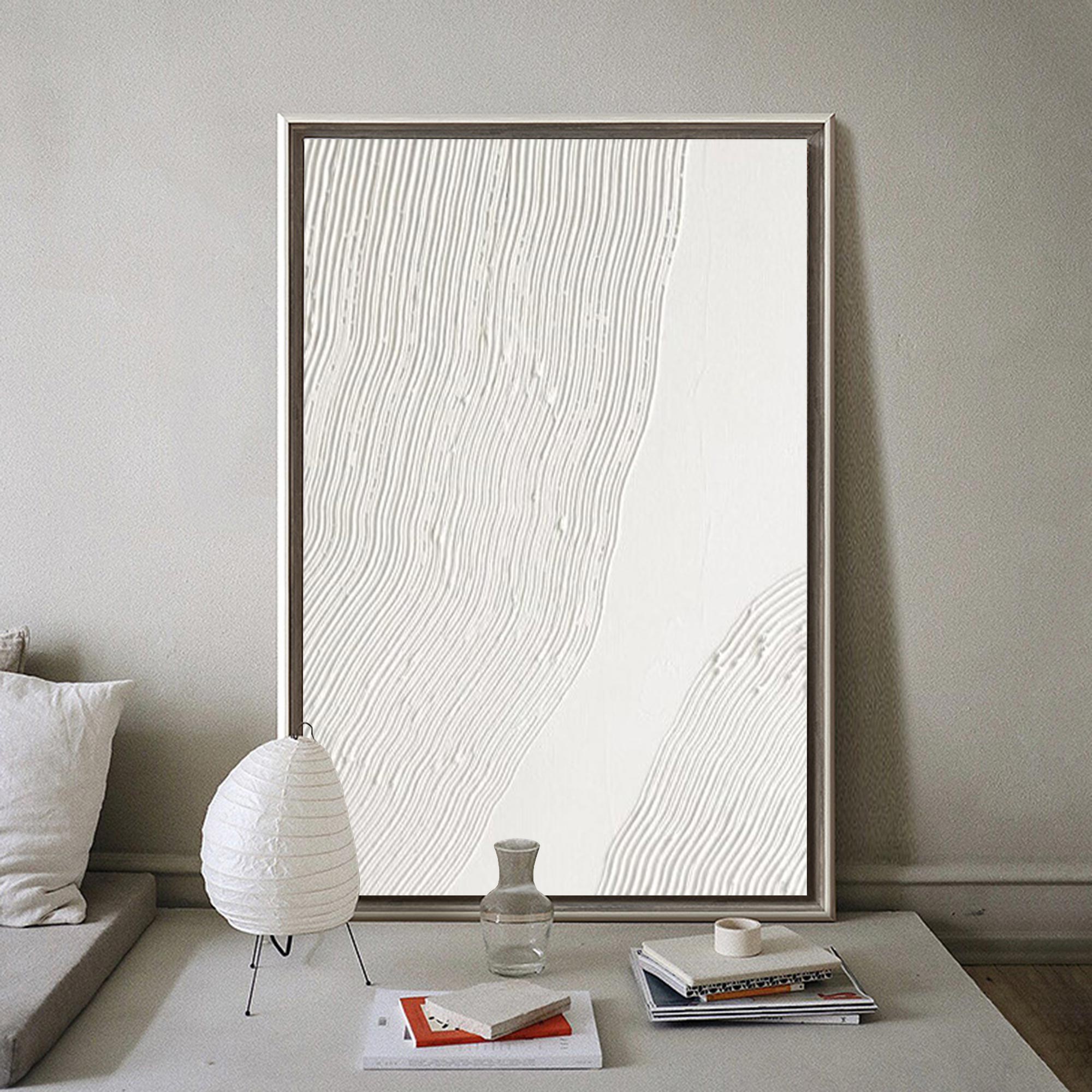 Off‑White Vertical Wavy‑Line Relief‑Textured Framed Artwork