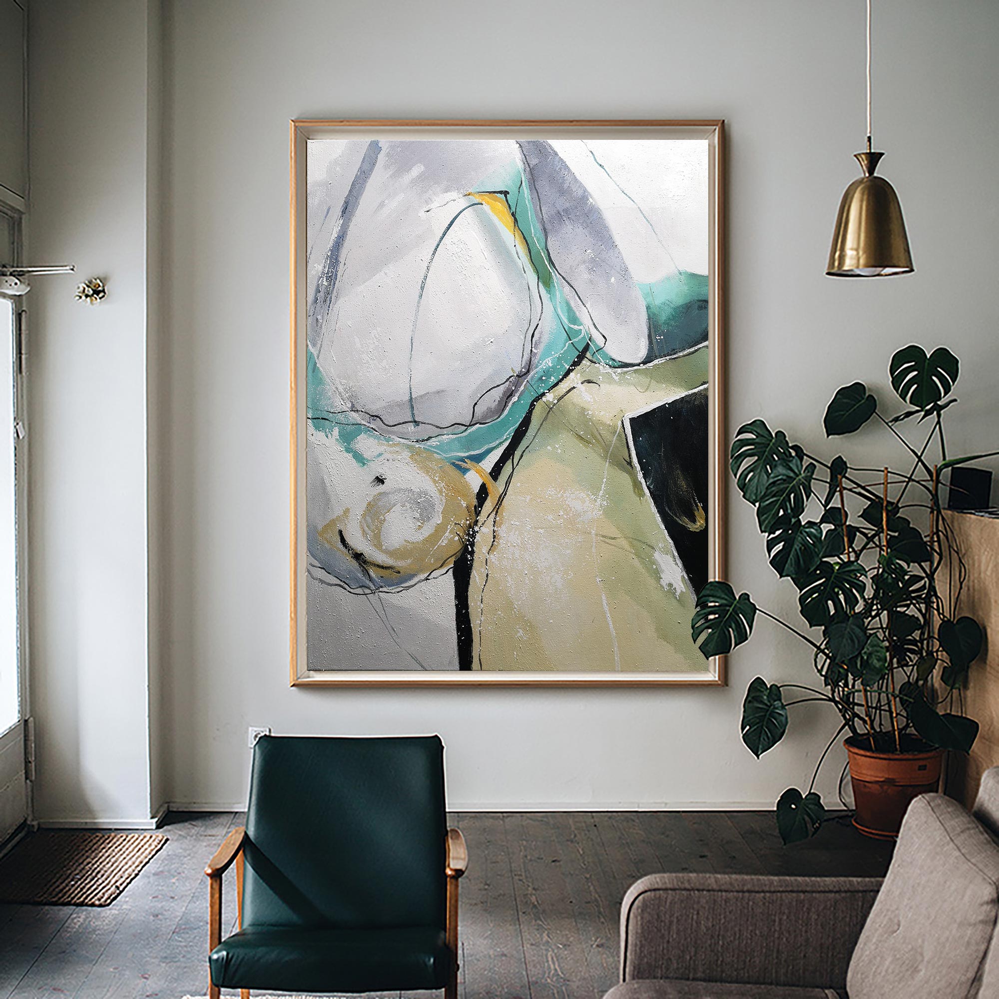 Green‑Grey‑Beige Geometric Abstract Sharp‑Shape Muted‑Tone Artwork