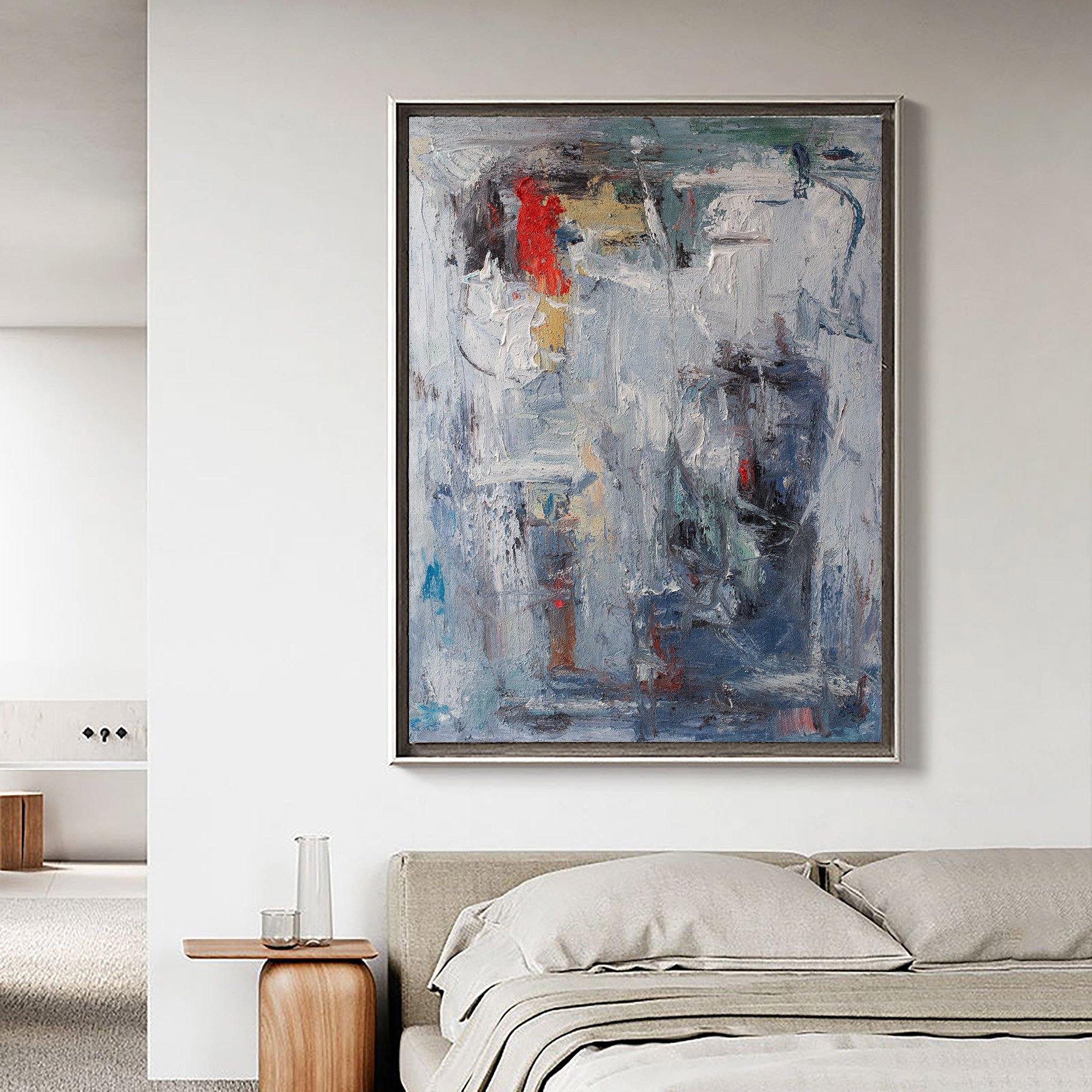 Grey‑Blue Vertical Red‑Accent Expressive Impasto Textured Artwork