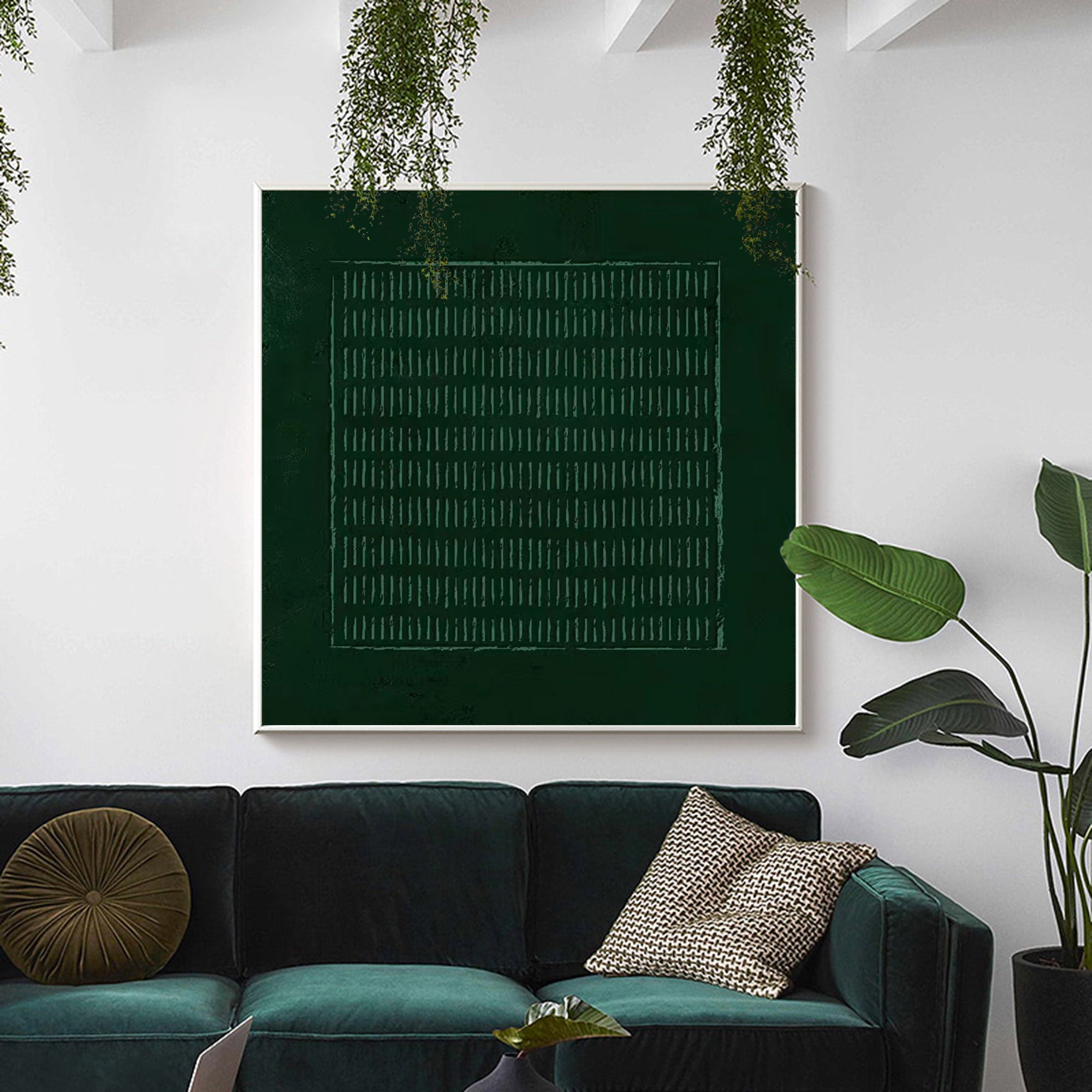 Wall Art Dark Green Horizontal Linear Grid Texture Oil Painting