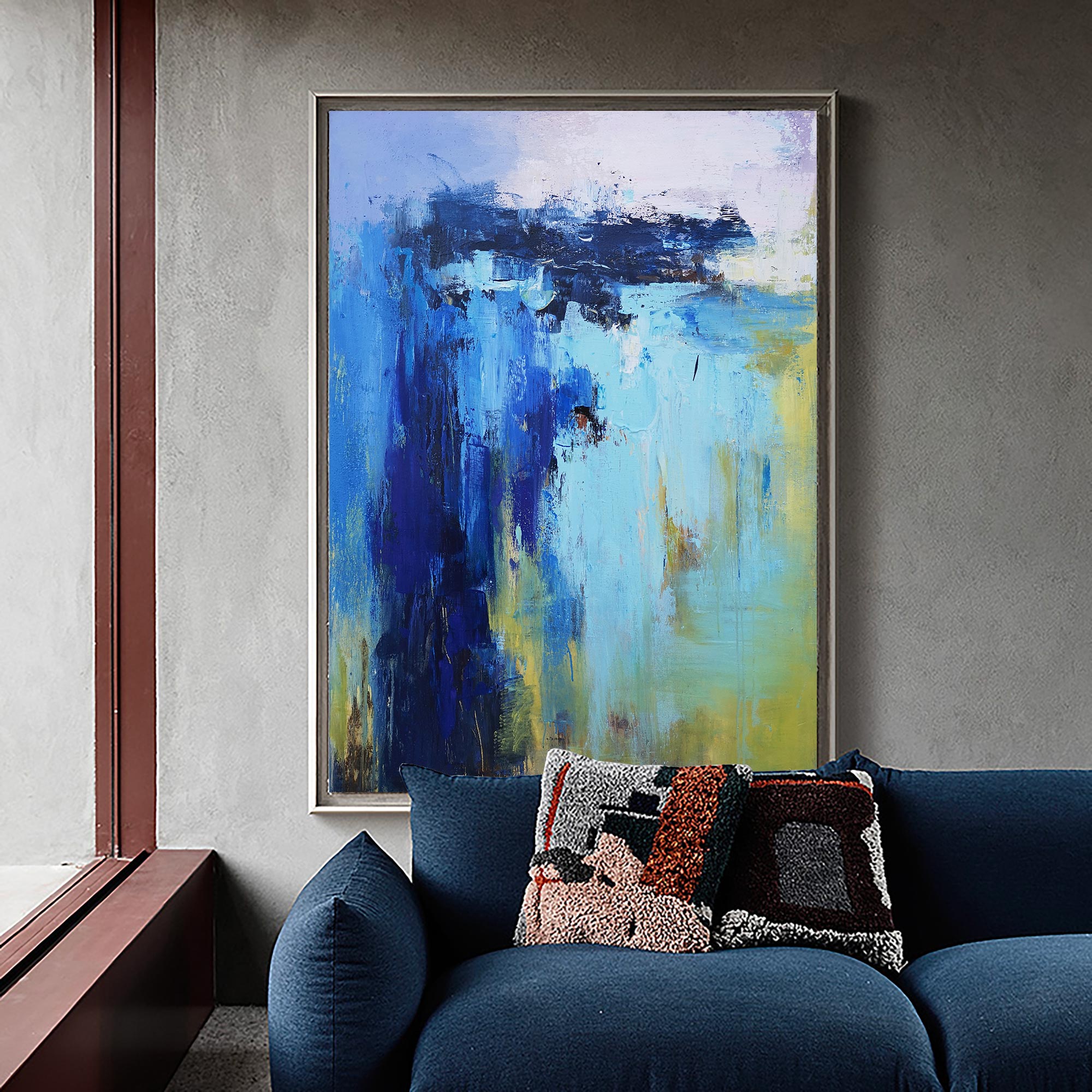 Blue‑Turquoise‑Yellow Coastal‑Seascape Abstract  Thick Impasto‑Texture Artwork