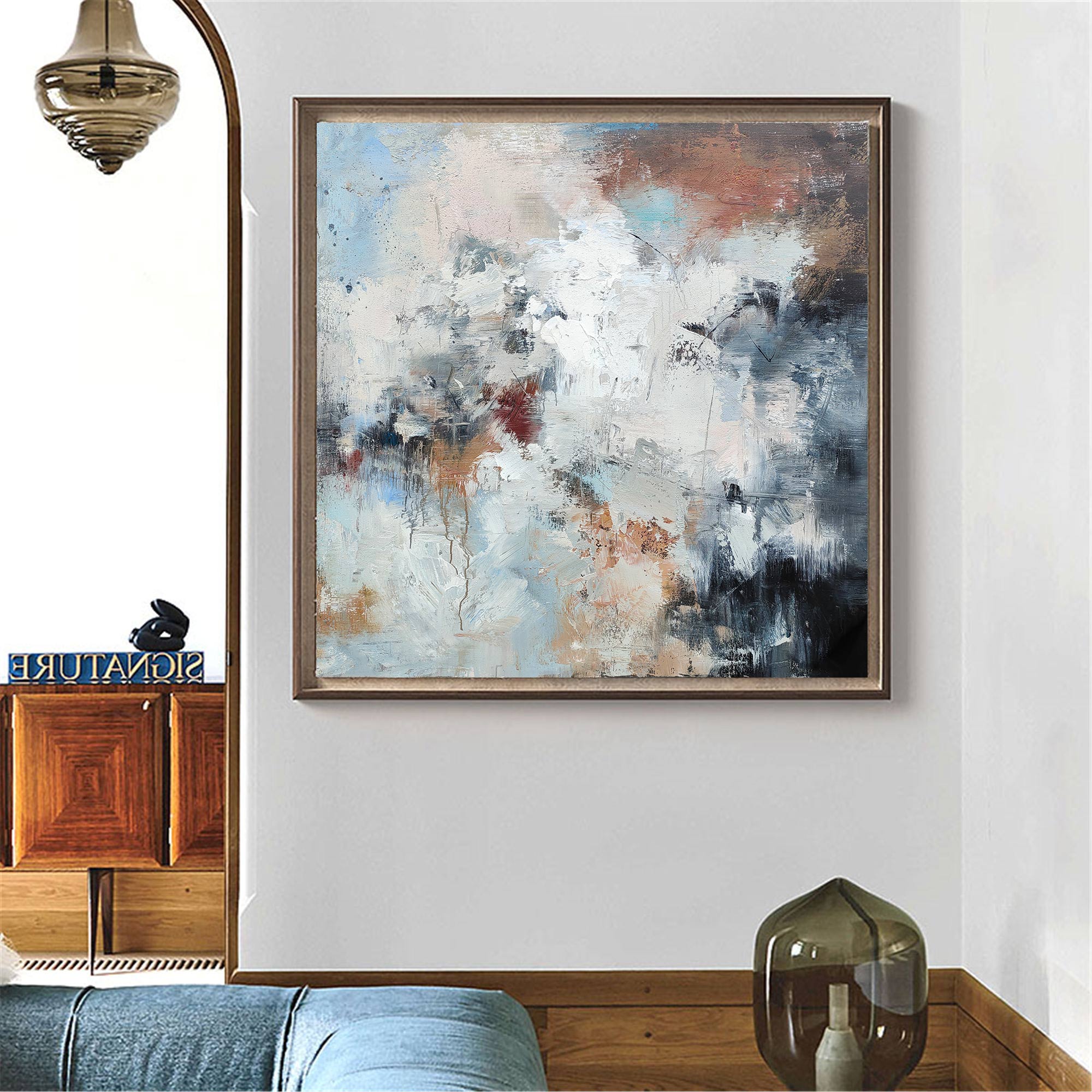 Blue‑White‑Terracotta Square Abstract  Earth‑Tone Layered‑Texture Artwork