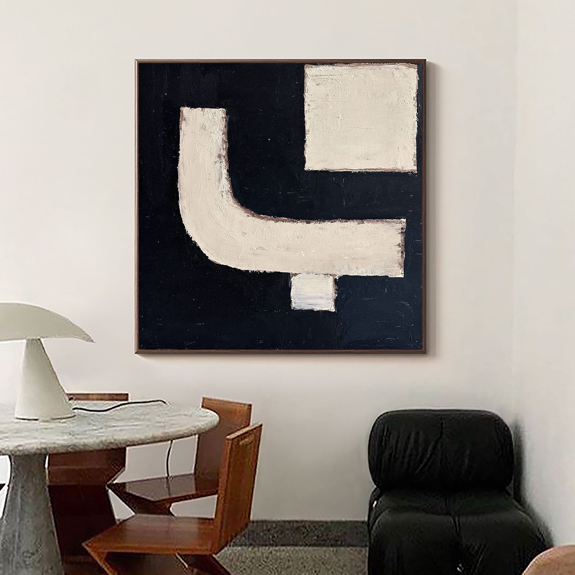 Black‑Cream Square Geometric‑Block Impasto‑Textured Artwork