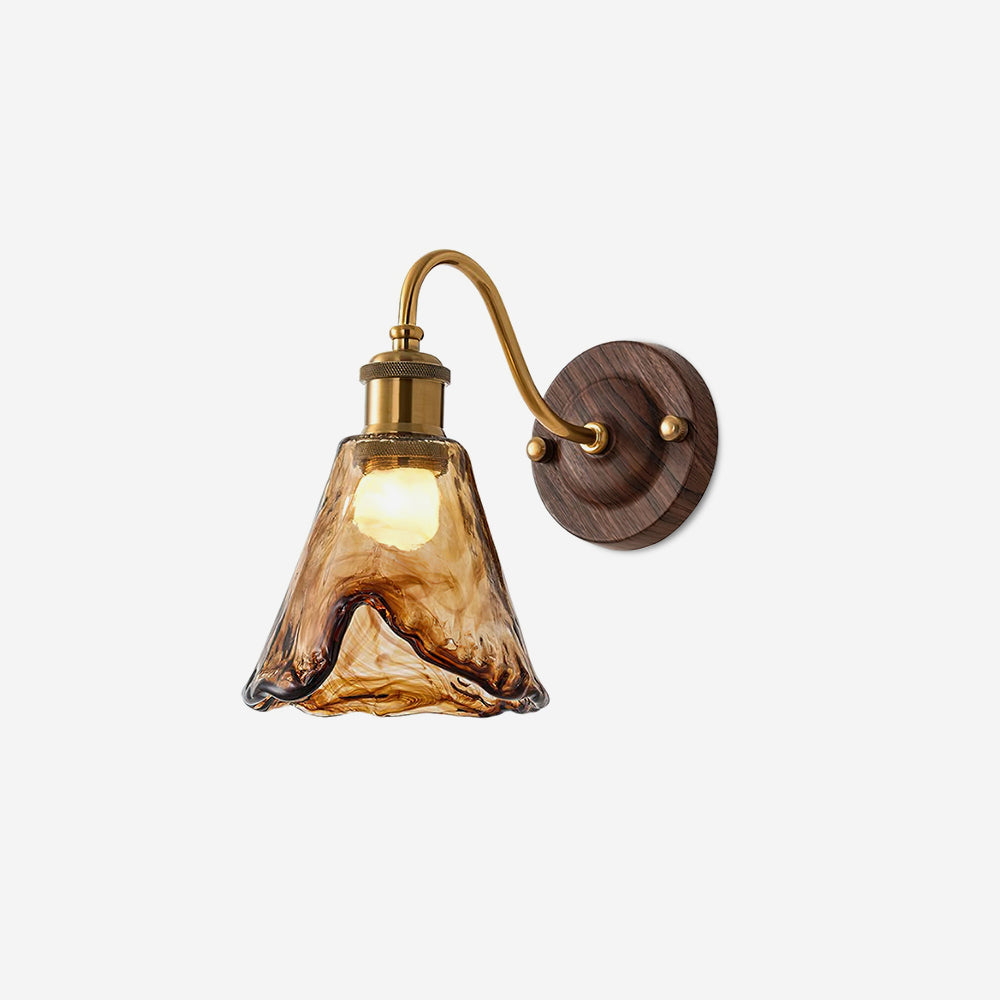 Wall Lamp Amber Glass Shade Walnut Gold Vintage Modern Sconce - Neutralighting