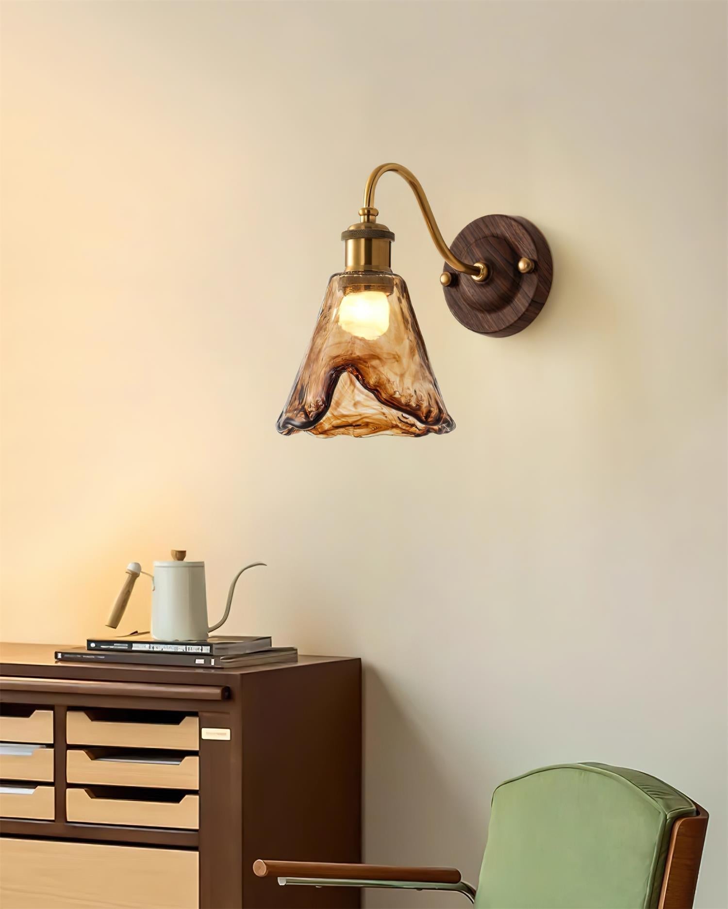 Wall Lamp Amber Glass Shade Walnut Gold Vintage Modern Sconce - Neutralighting