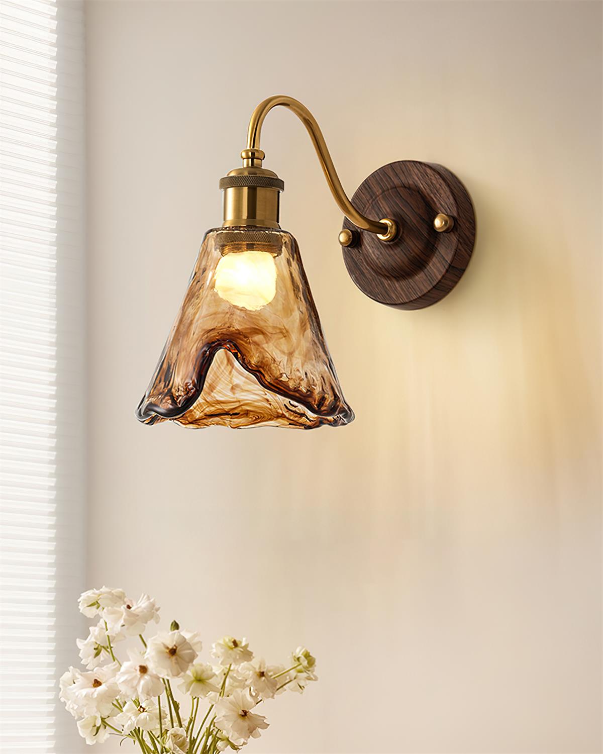 Wall Lamp Amber Glass Shade Walnut Gold Vintage Modern Sconce - Neutralighting