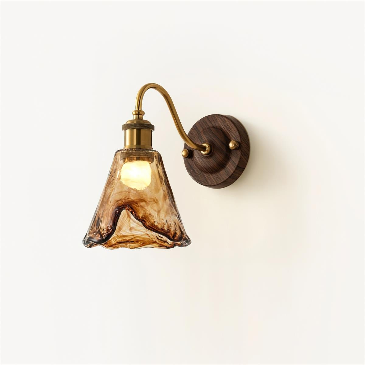 Wall Lamp Amber Glass Shade Walnut Gold Vintage Modern Sconce - Neutralighting