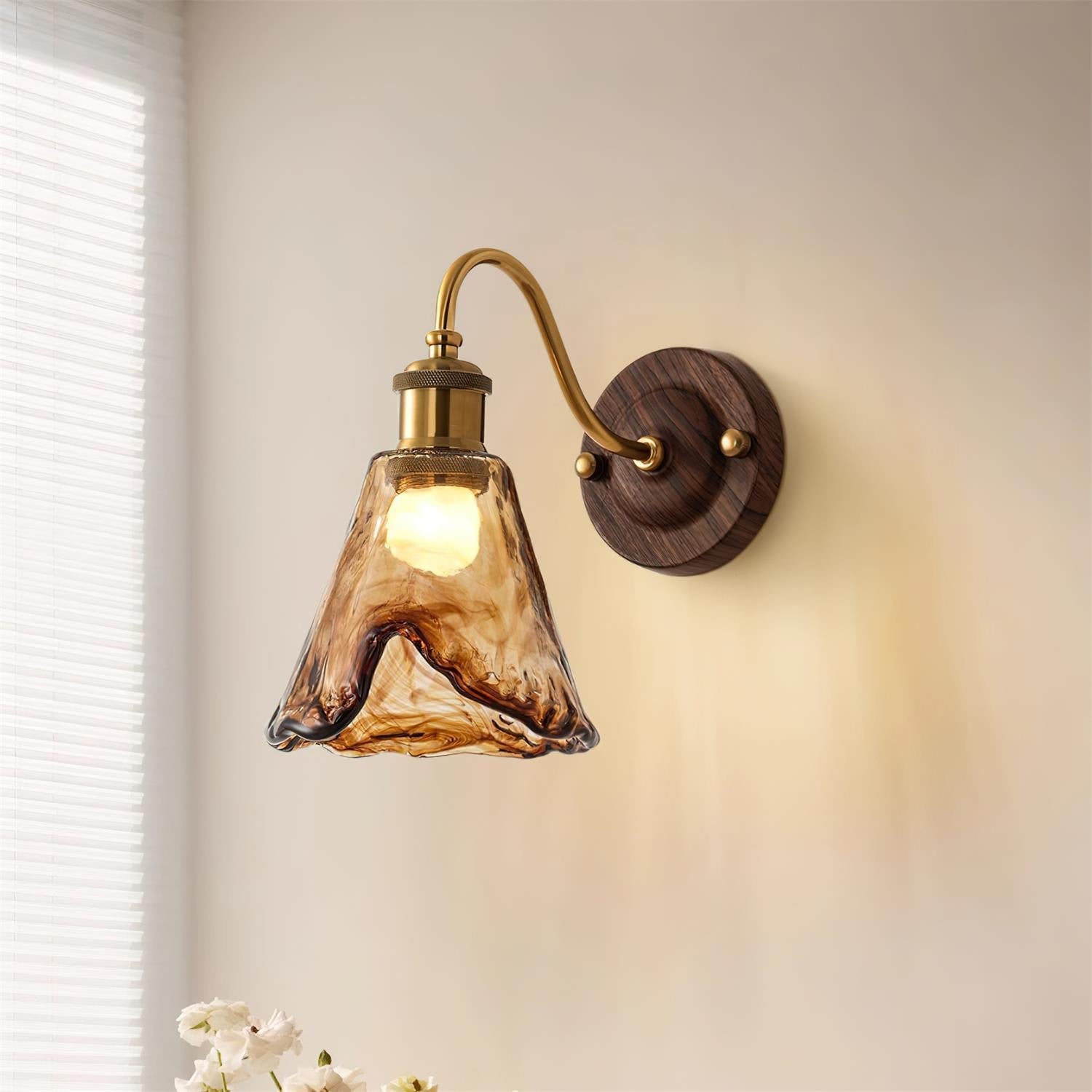 Wall Lamp Amber Glass Shade Walnut Gold Vintage Modern Sconce - Neutralighting