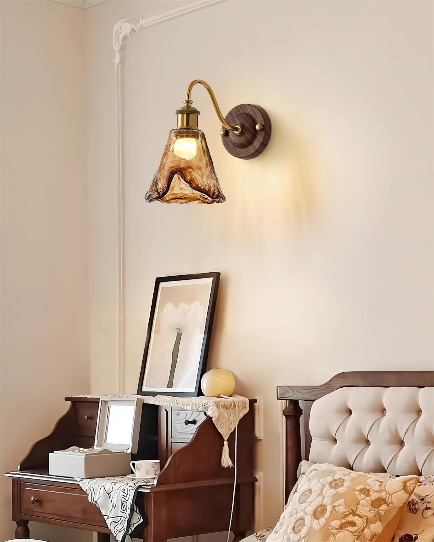 Wall Lamp Amber Glass Shade Walnut Gold Vintage Modern Sconce - Neutralighting