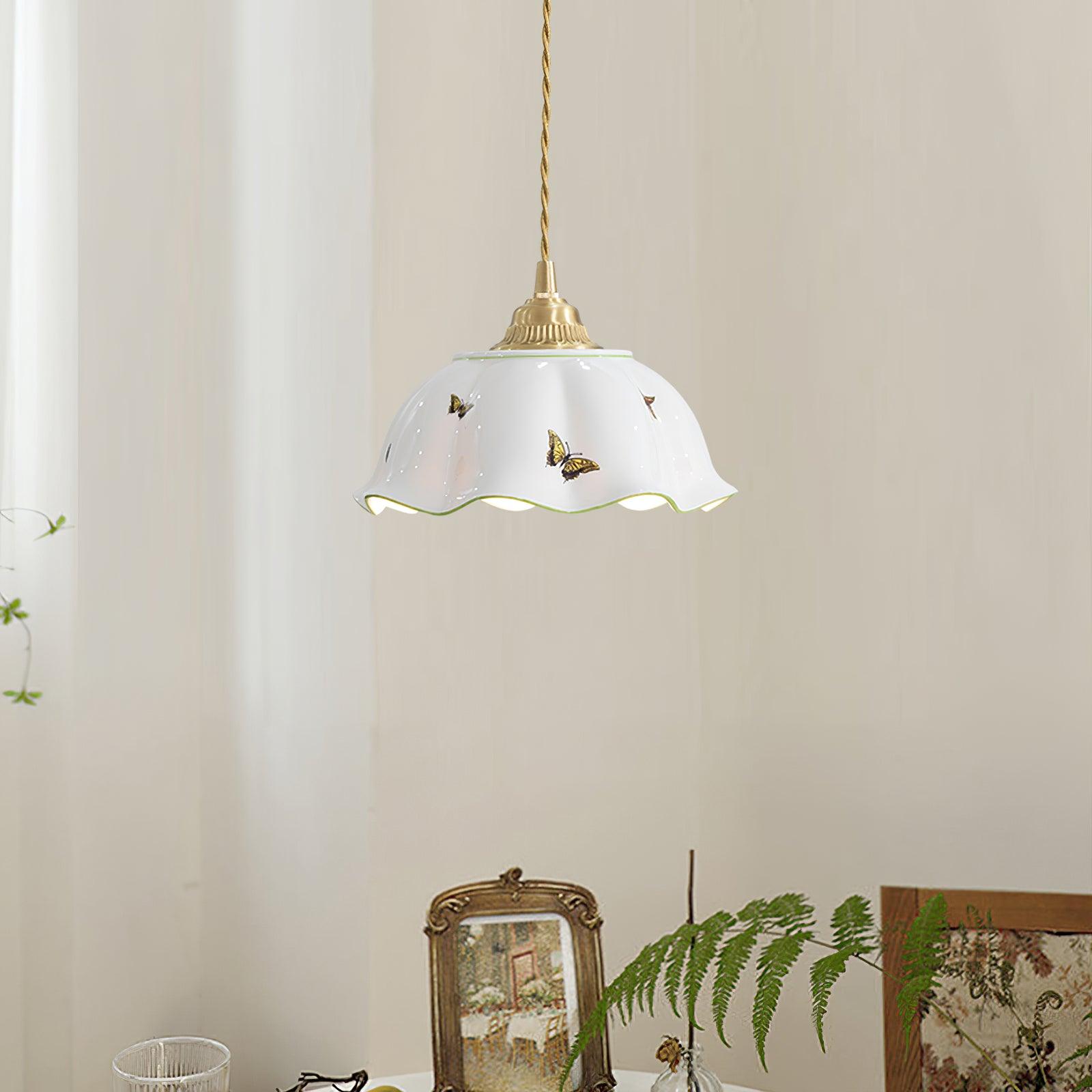 Pendant Lamp Ceramic Petal Shade Hand Painted Butterflies Vintage Charm - Neutralighting