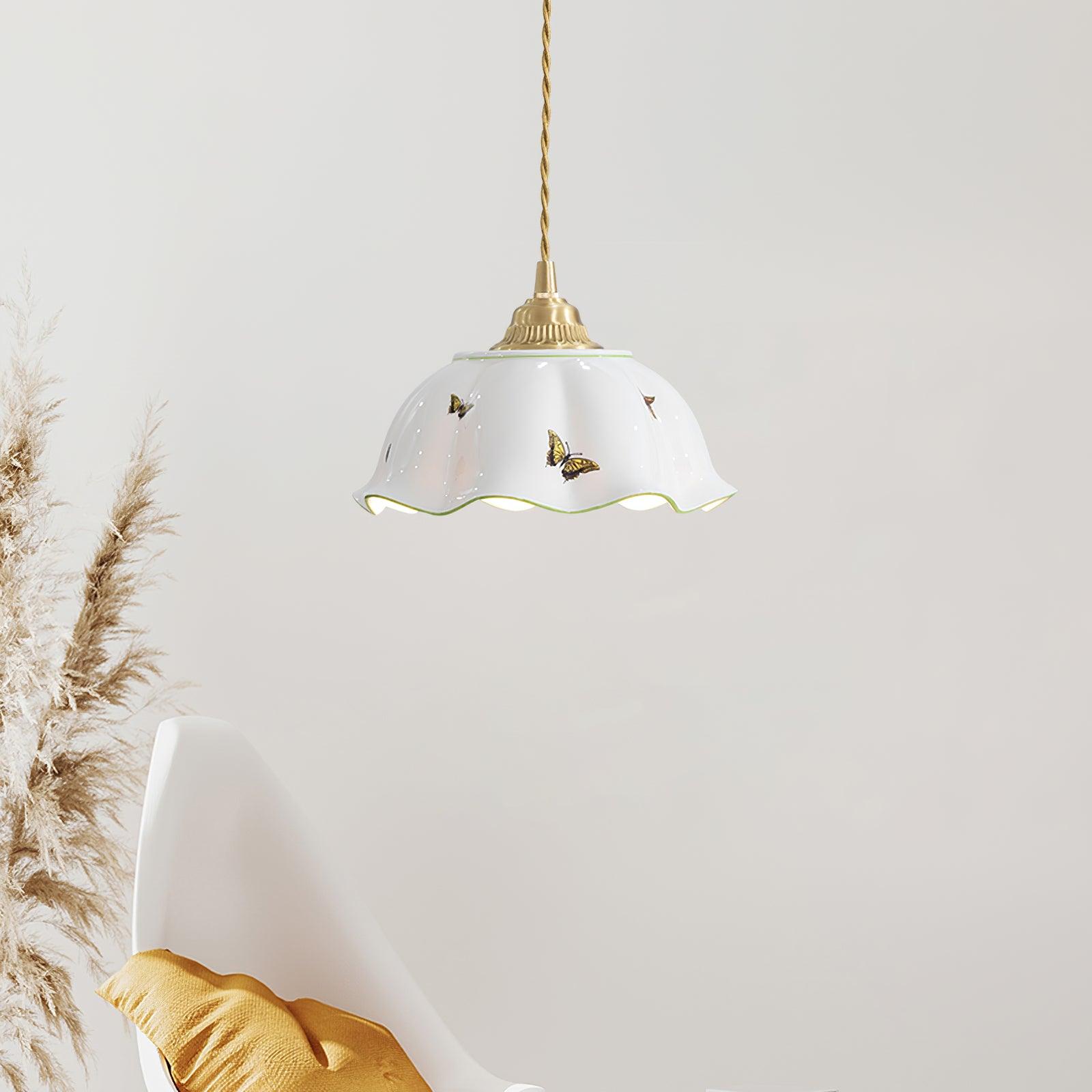 Pendant Lamp Ceramic Petal Shade Hand Painted Butterflies Vintage Charm - Neutralighting