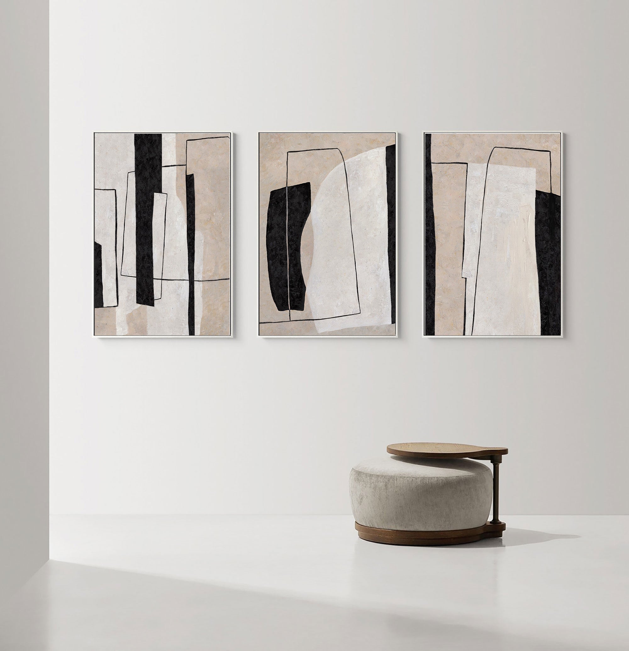 Beige Black Geometric Abstract Triptych Art