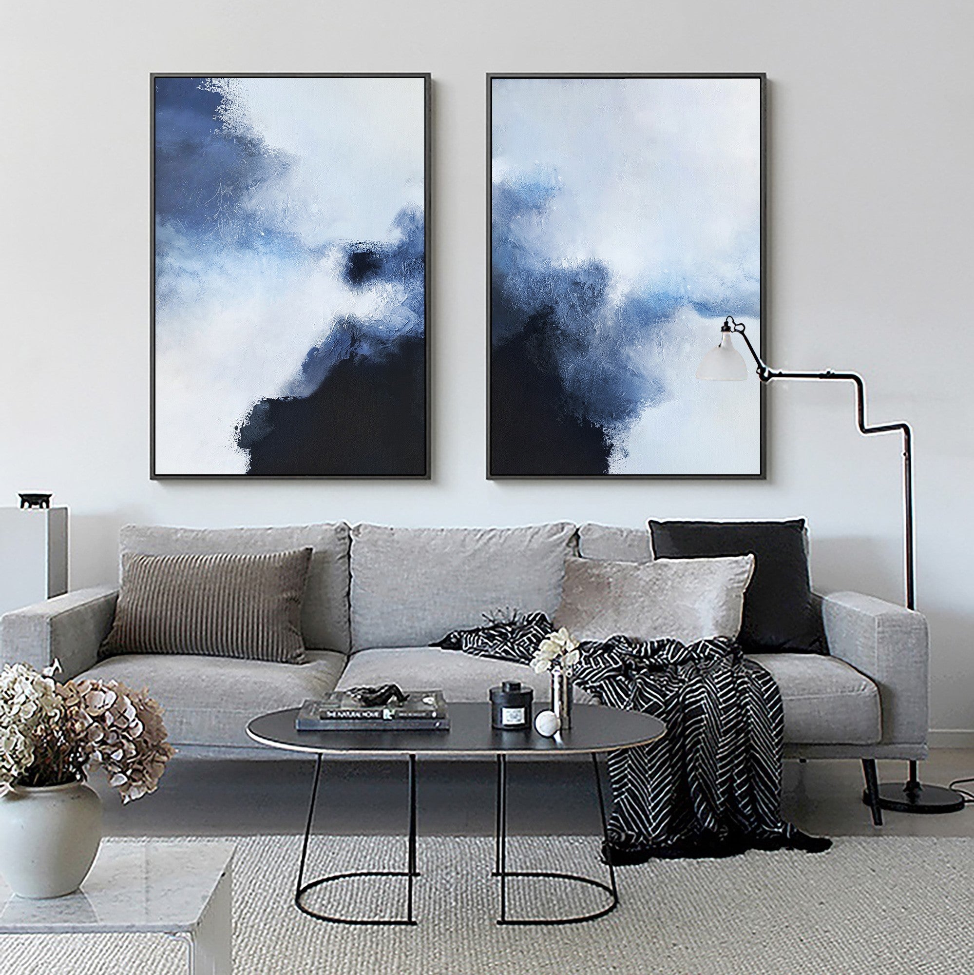 Navy‑Blue‑White Vertical Minimalist Diptych Abstract Textured Artwork