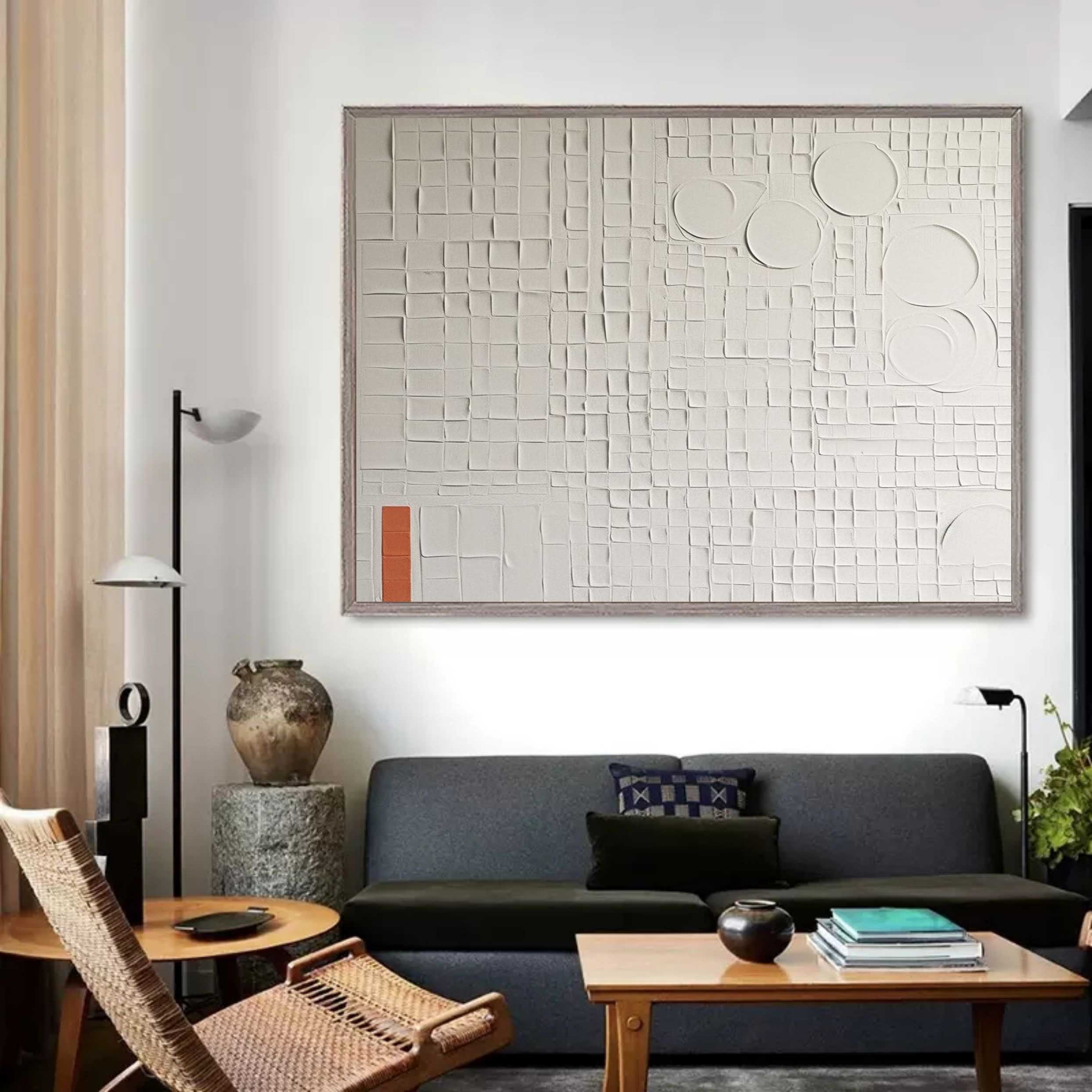 Wall Art White Grid Circle Plaster Relief Canvas