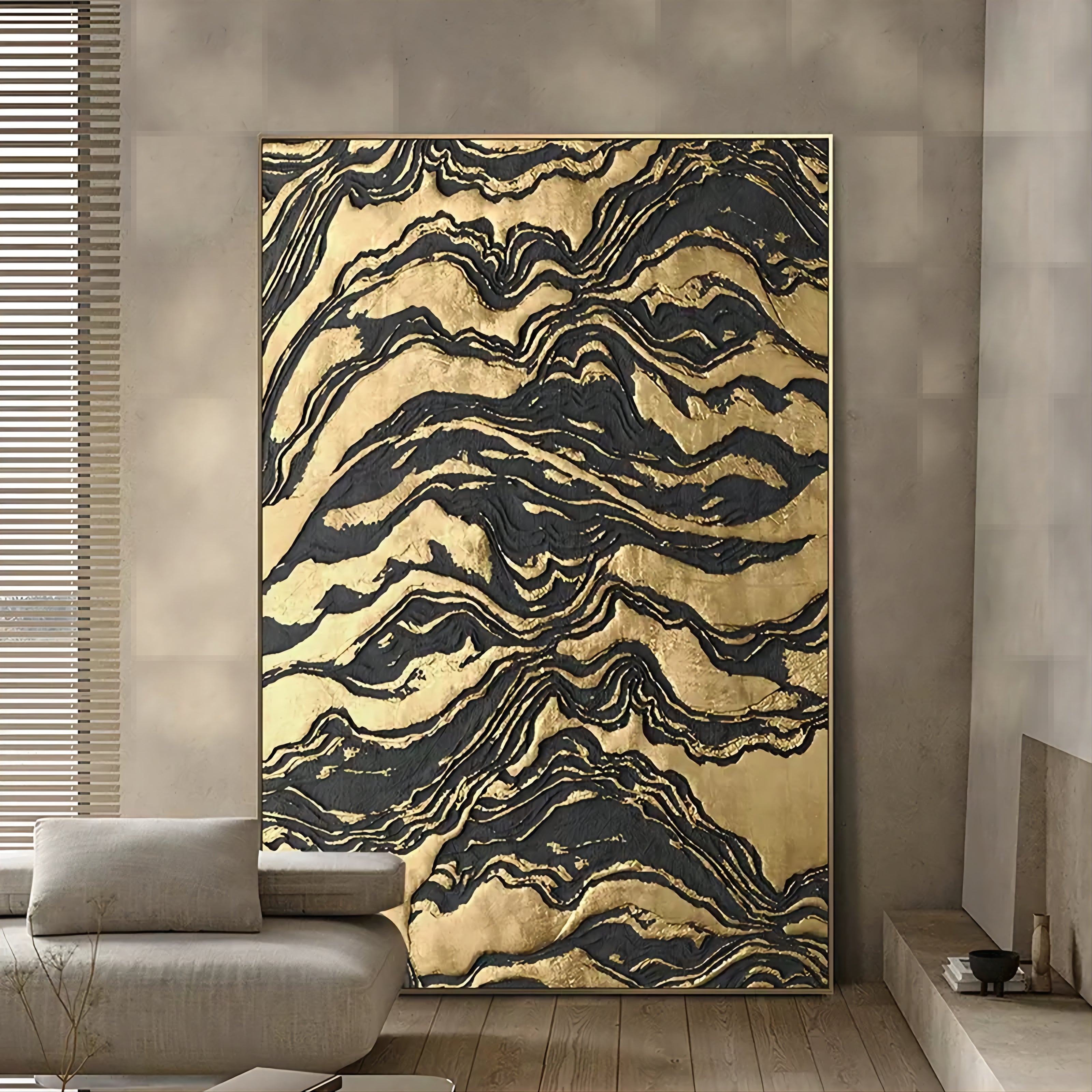 Wall Art Textured Gold Black Abstract Wavy