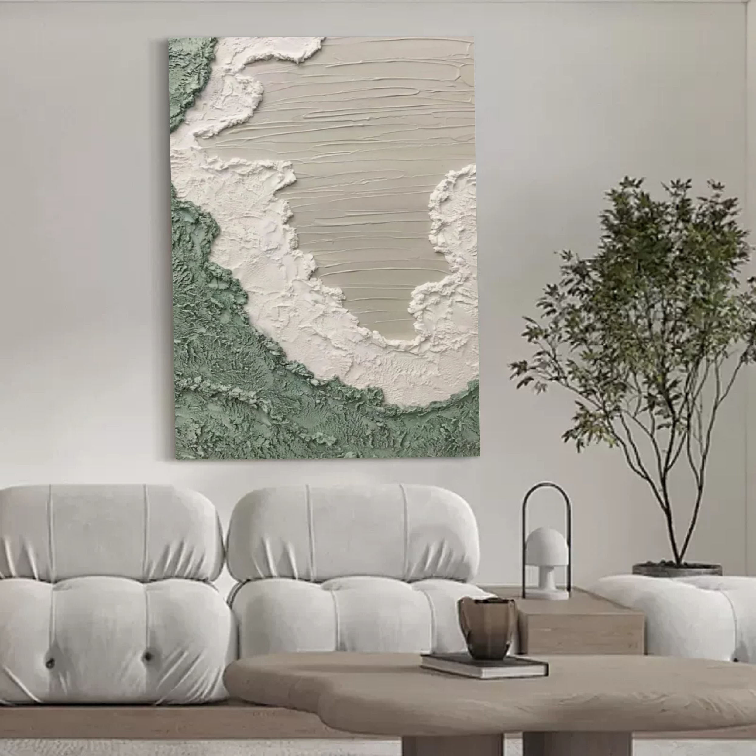 Wall Art Sage Green White Coastal Wave
