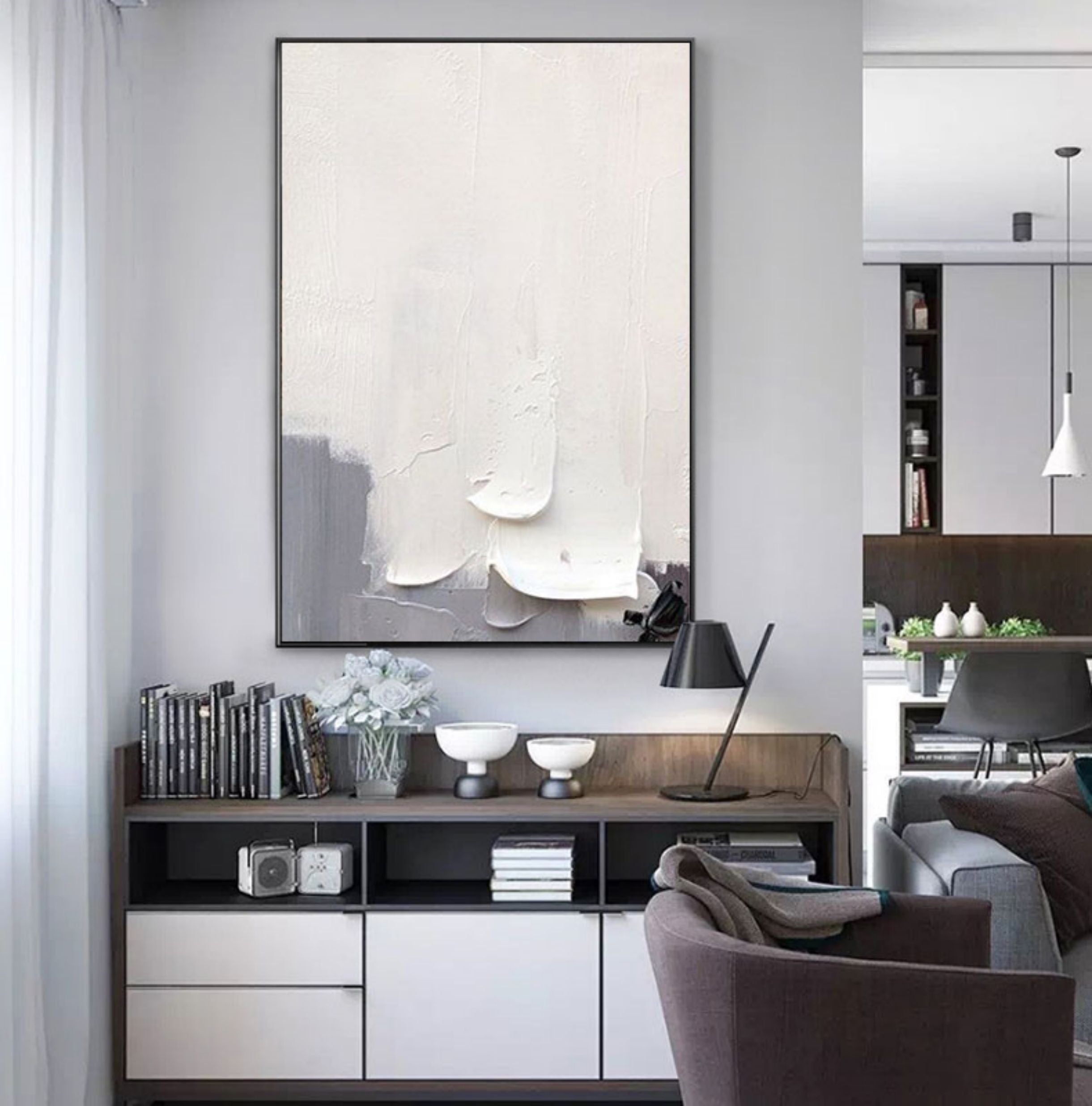 Wall Art Soft Gray White Layered Thick Paint
