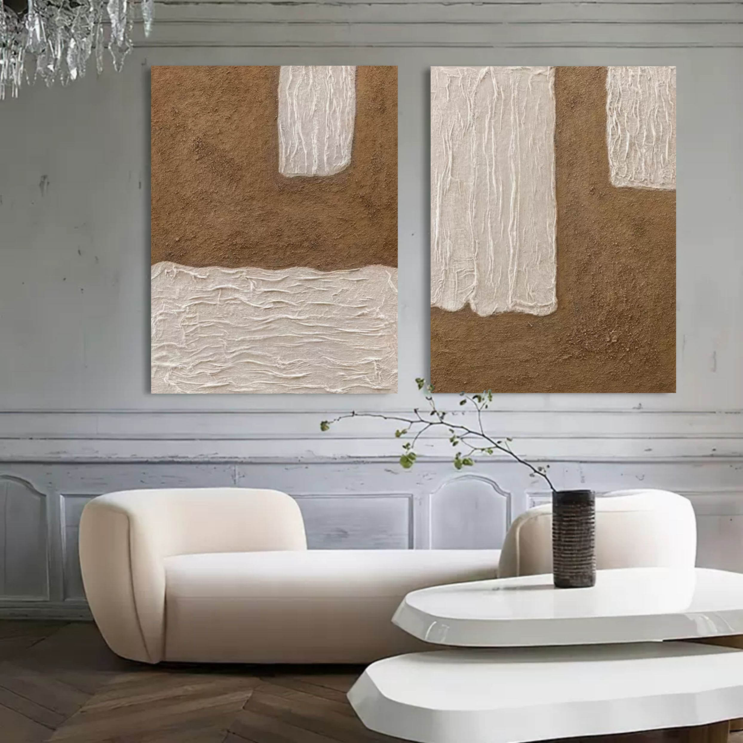 Wall Art Warm Brown White Block Diptych