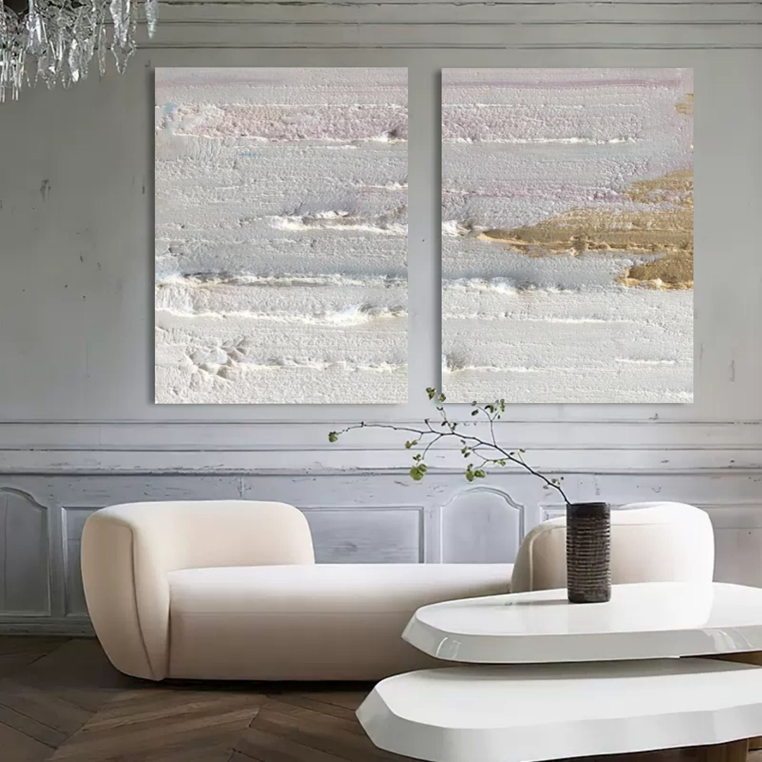 Wall Art Pastel Gray Gold Layered Wave Diptych