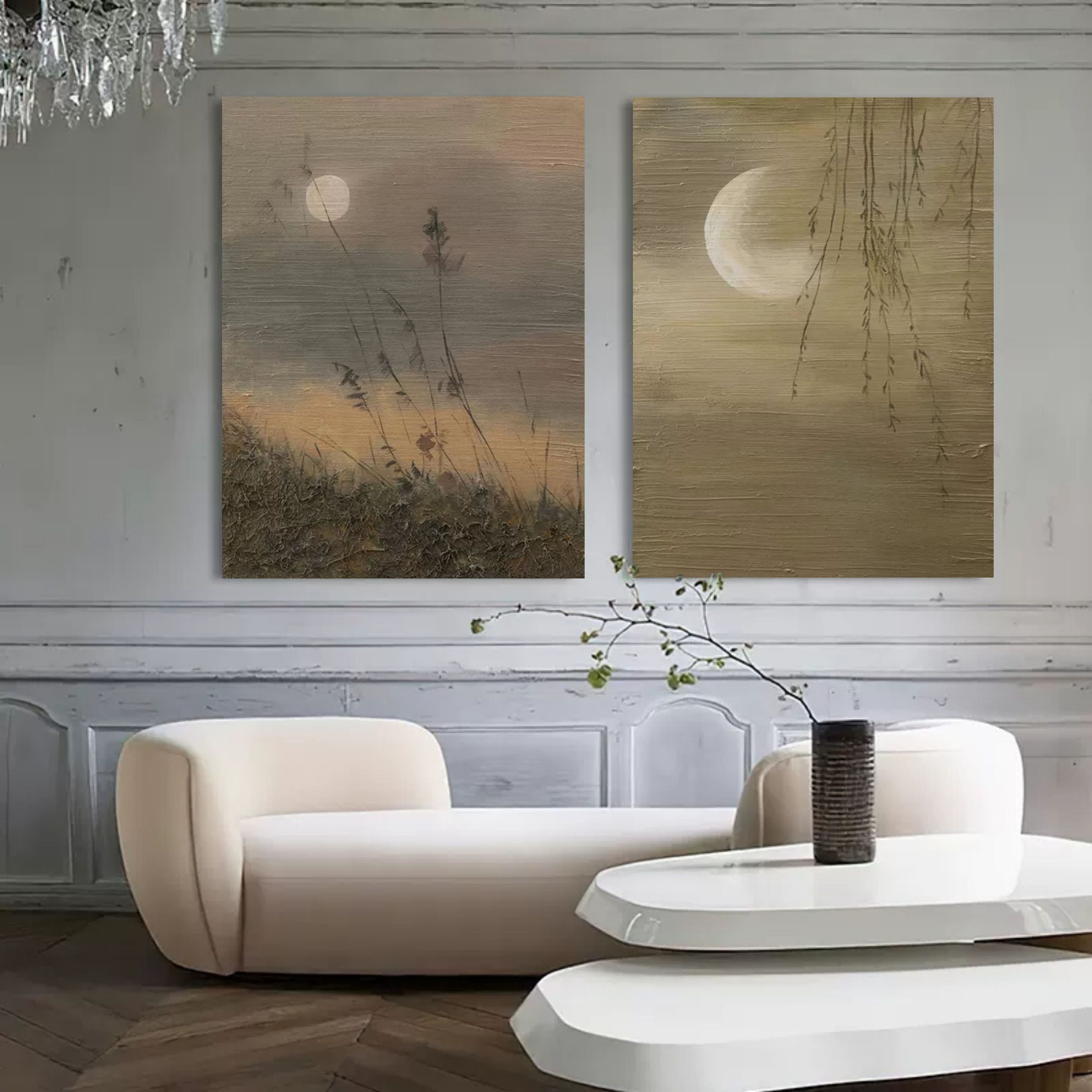 Wall Art Earthy Tone Moon Willow Grass Diptych