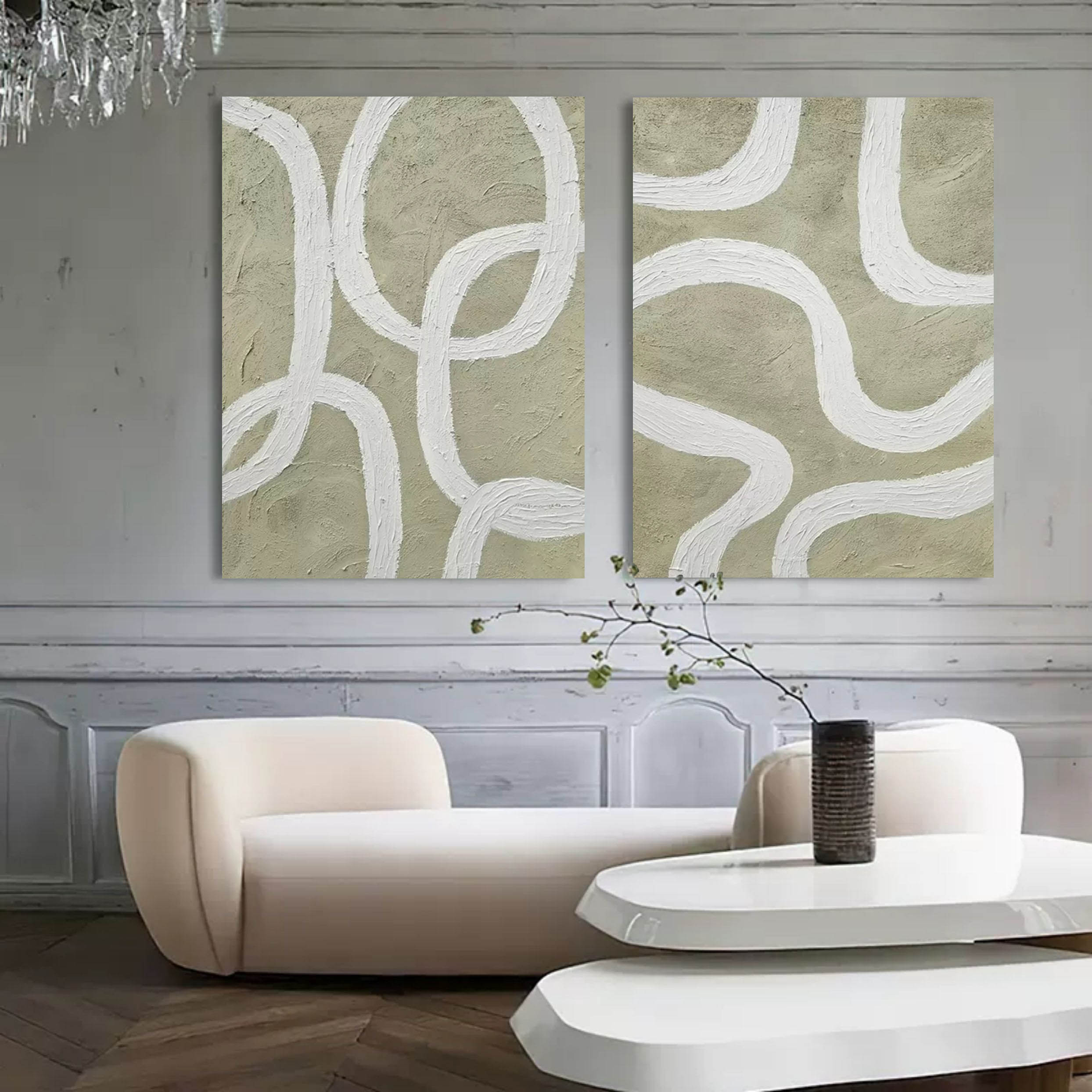 Wall Art Sage Green White Curved Line Diptych