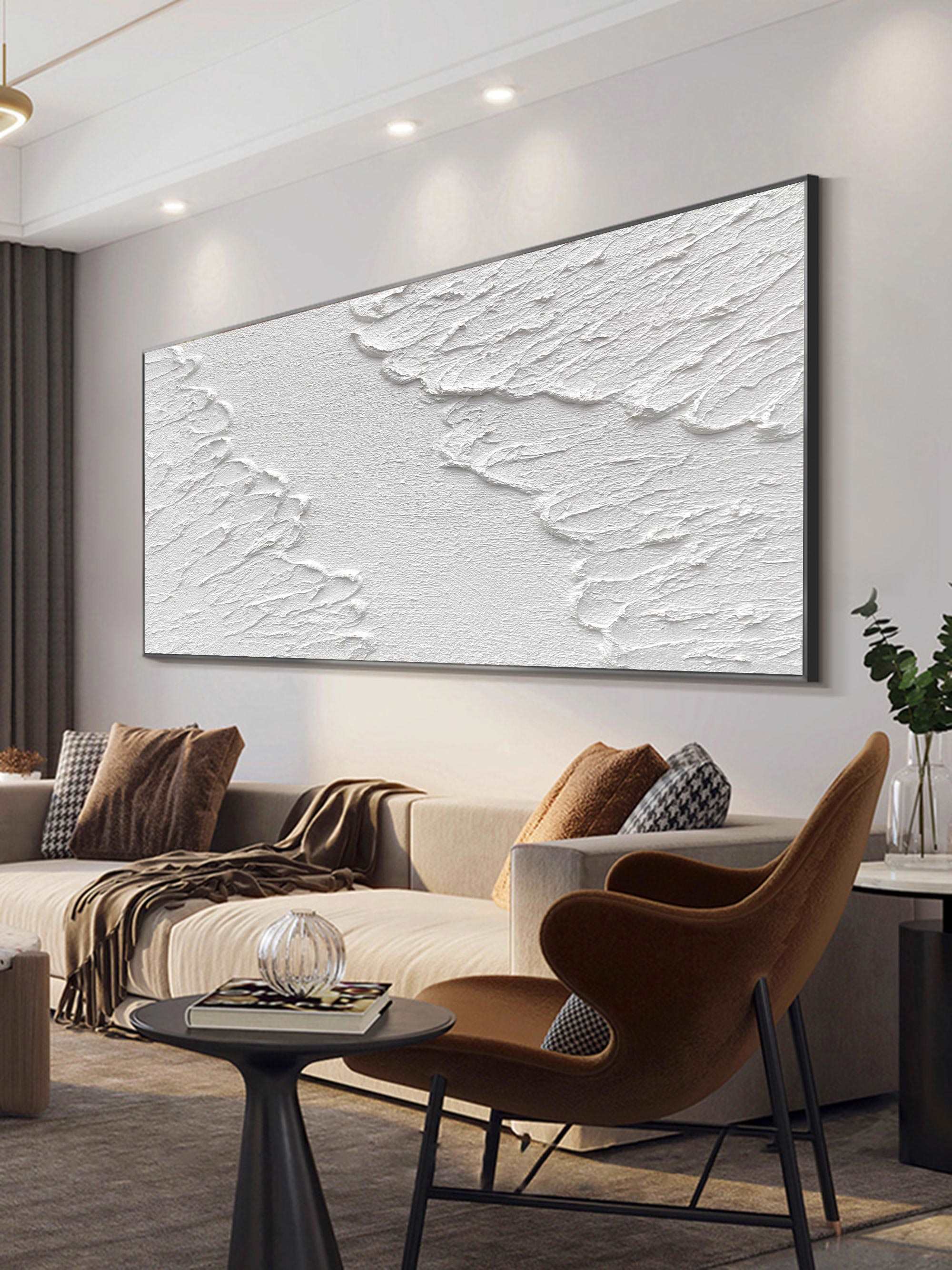 Pure‑White Horizontal Crack‑Relief Plaster‑Textured Artwork