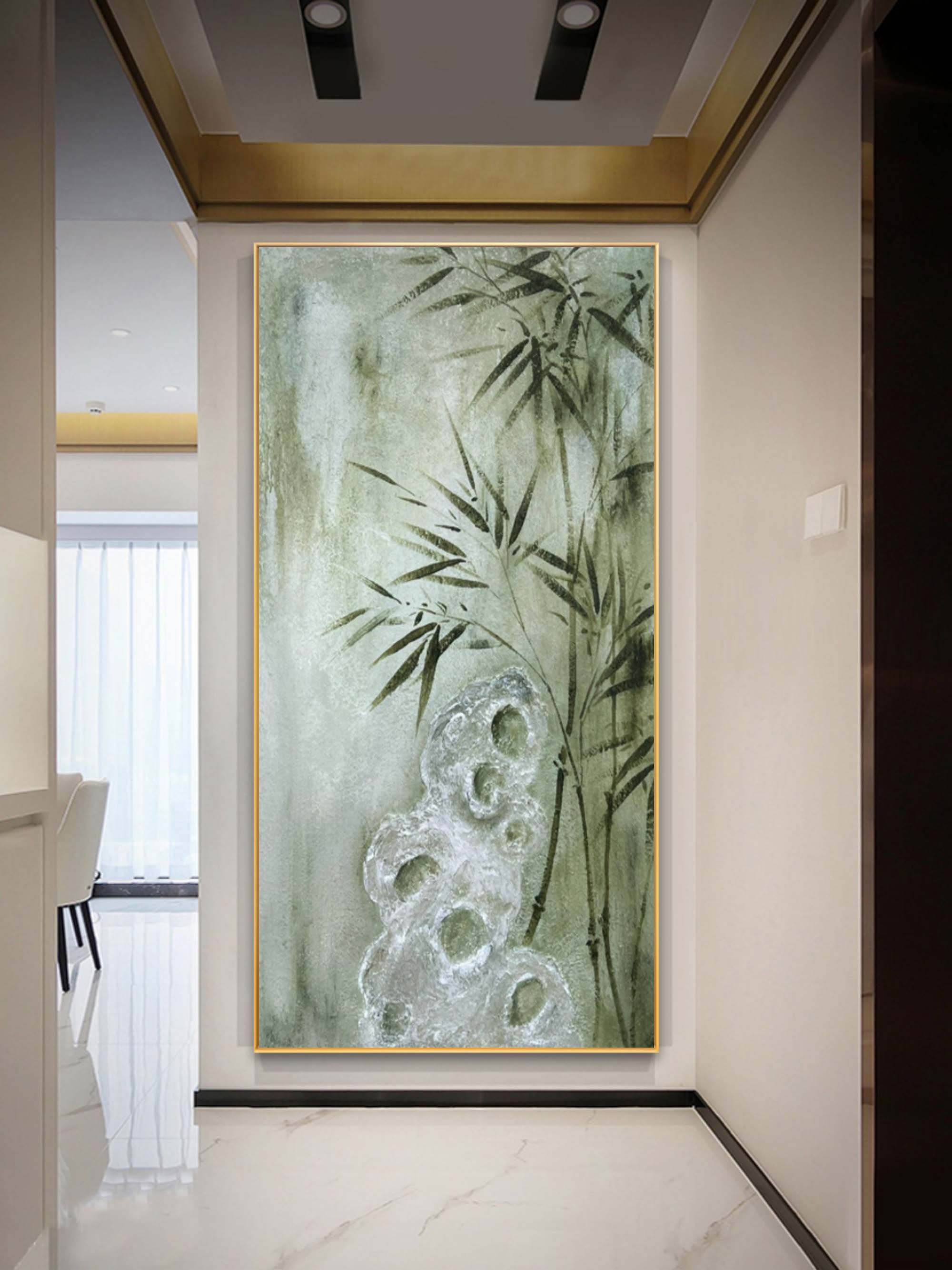 Wall Art Sage Green Bamboo Rock Chinese Ink