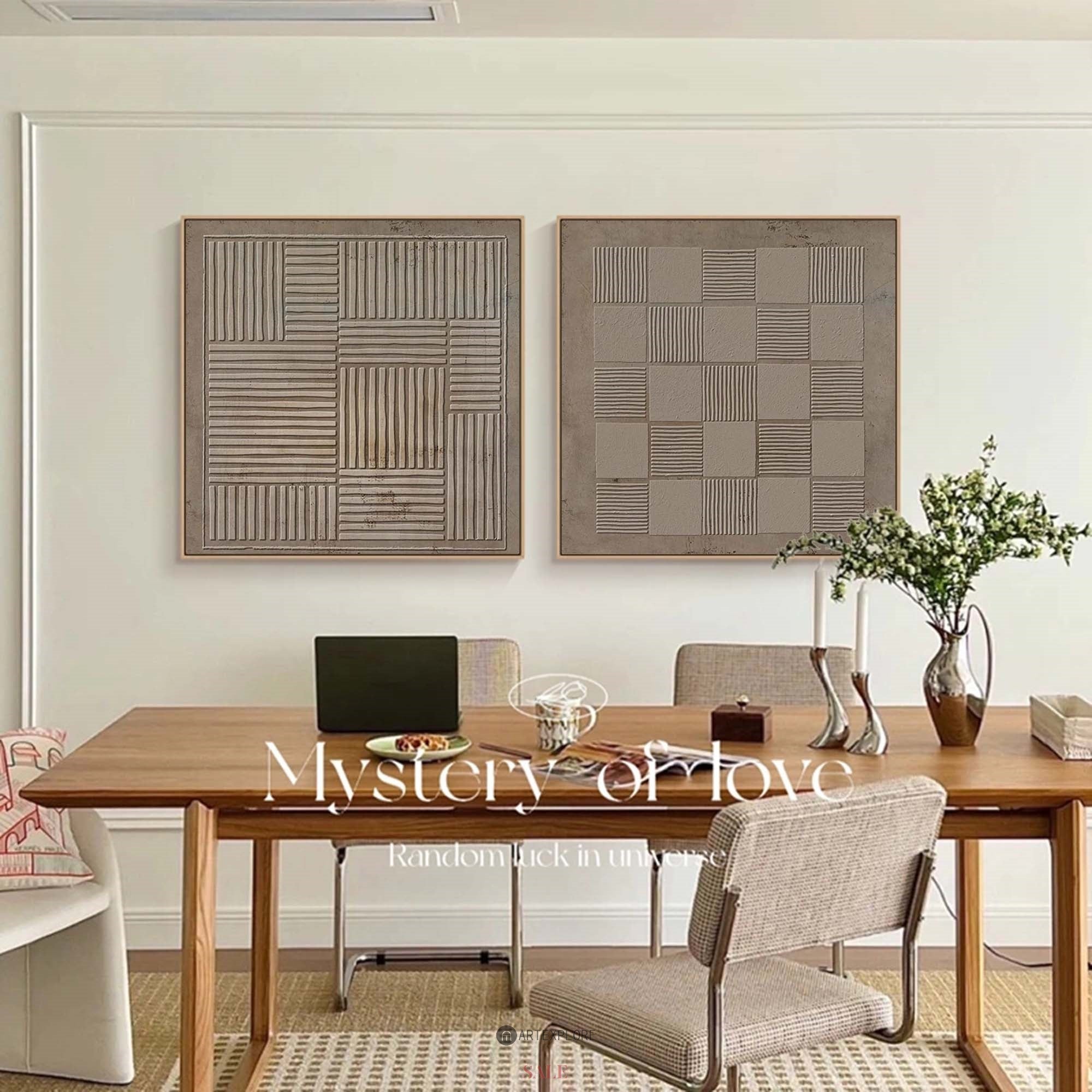 Neutral Beige‑Taupe Geometric Diptych Abstract  Raised Linear Textured Artwork