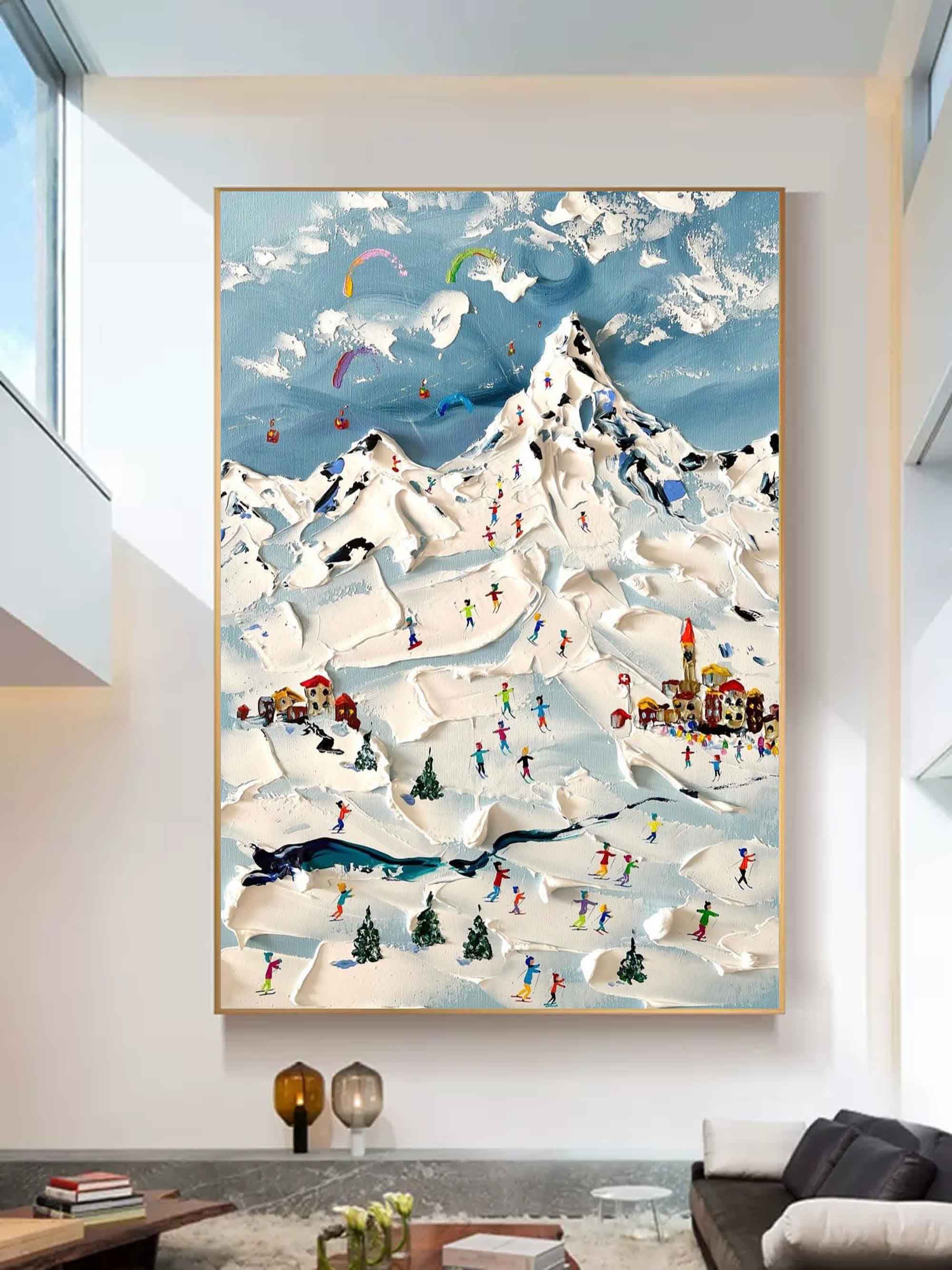 Wall Art Colorful Skiers Mountain Sky Cozy