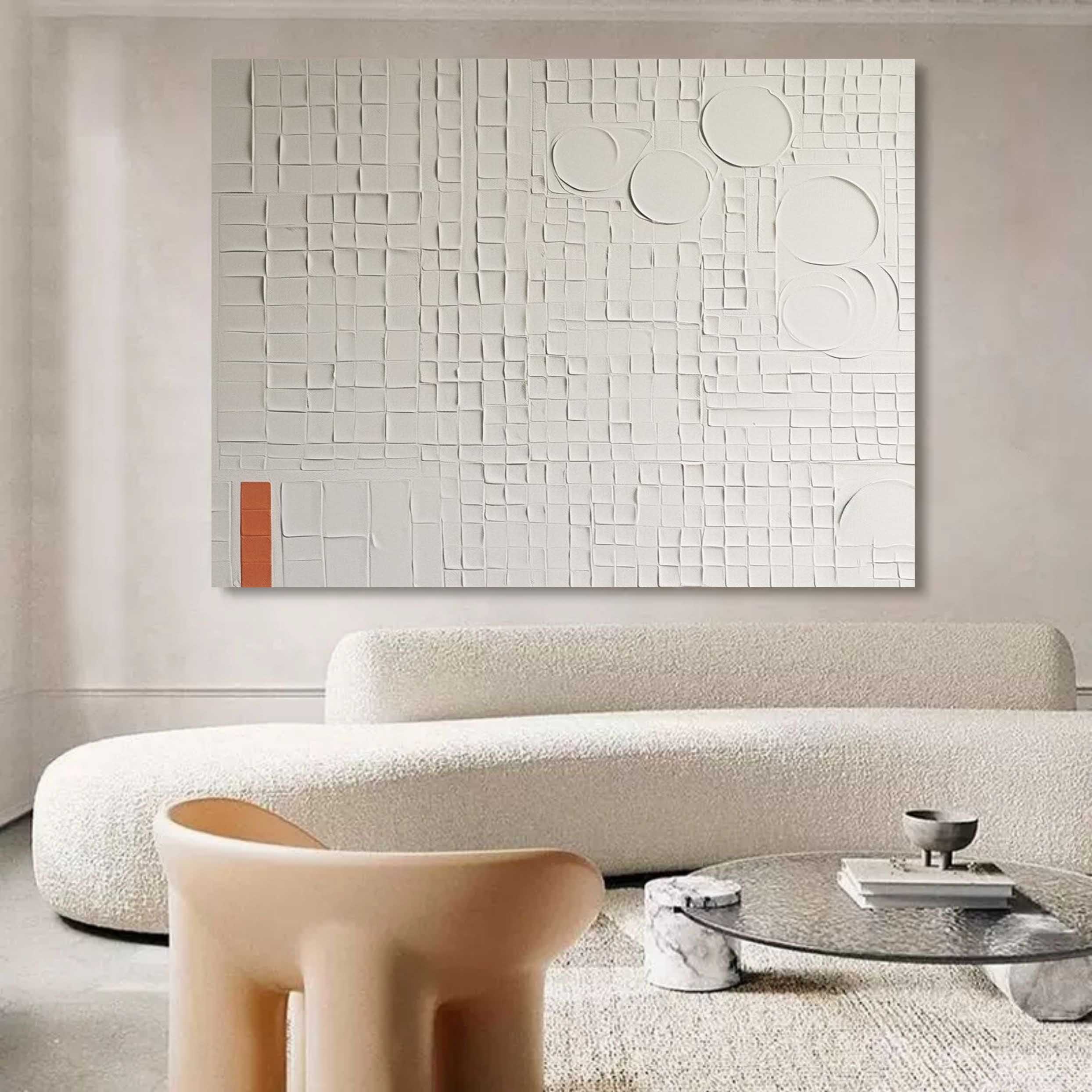 Wall Art White Grid Circle Plaster Relief Canvas