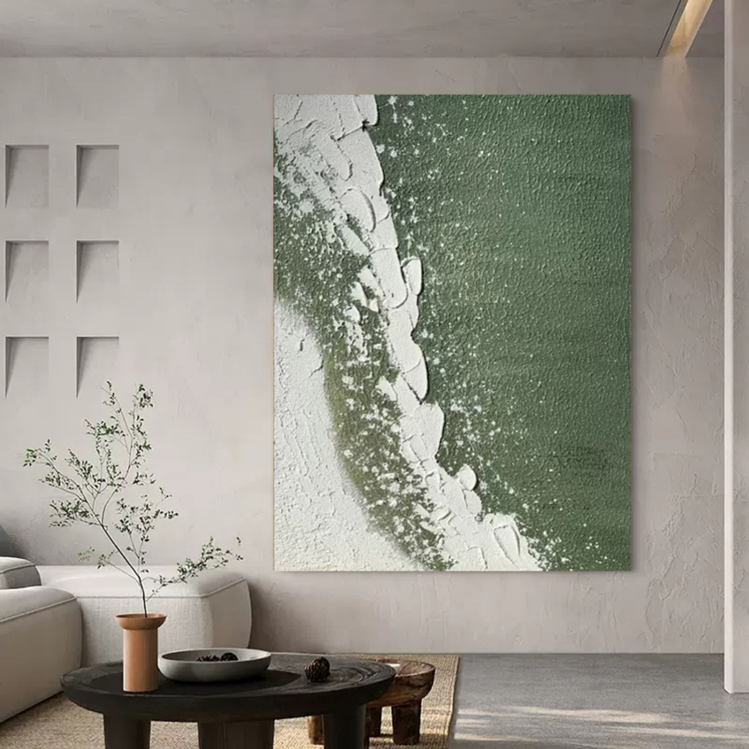Wall Art Deep Green White Curved Wave Abstract