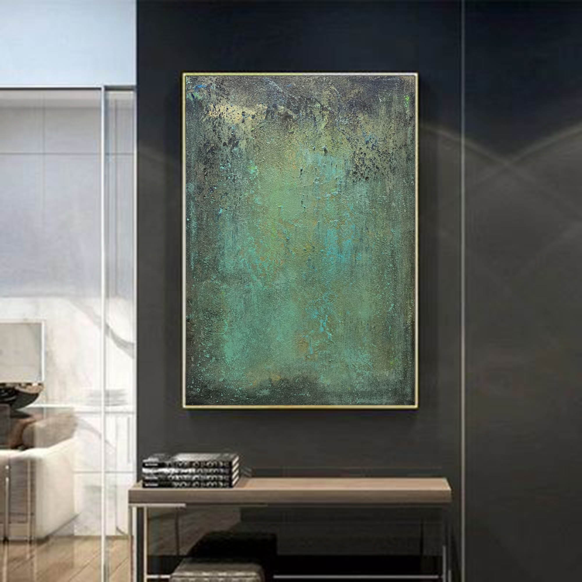 Moody Landscape Painting Teal And Black Atmospheric