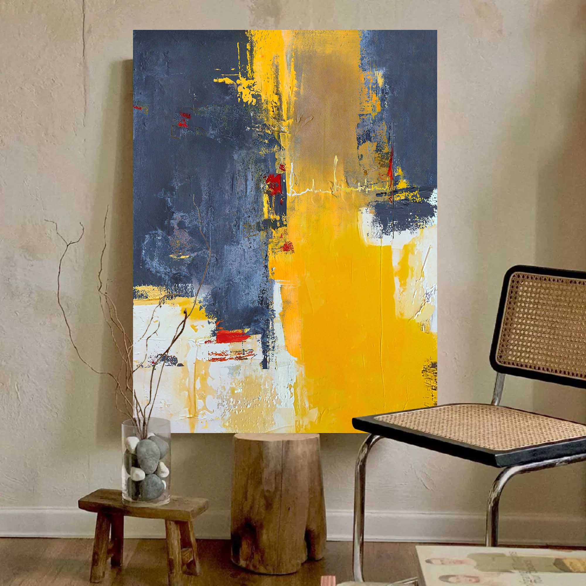 Yellow Grey Red Abstract Wall Art