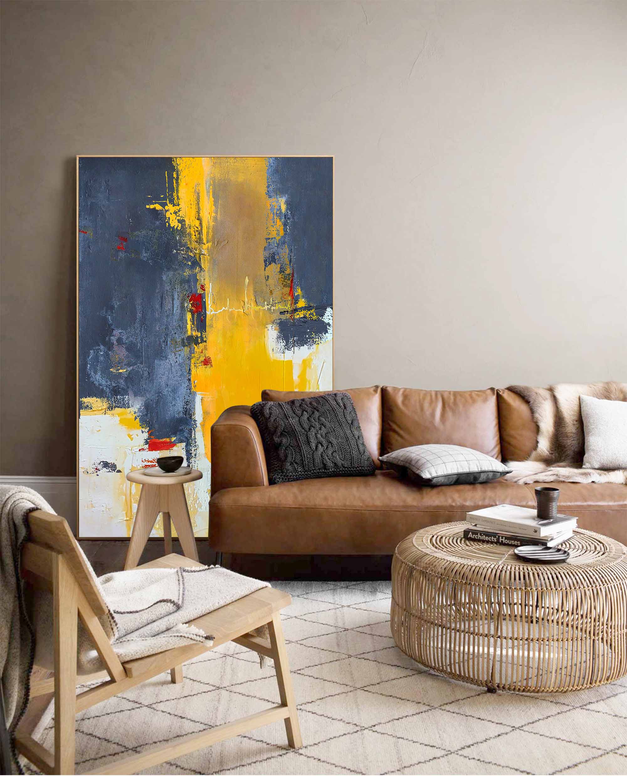 Yellow Grey Red Abstract Wall Art