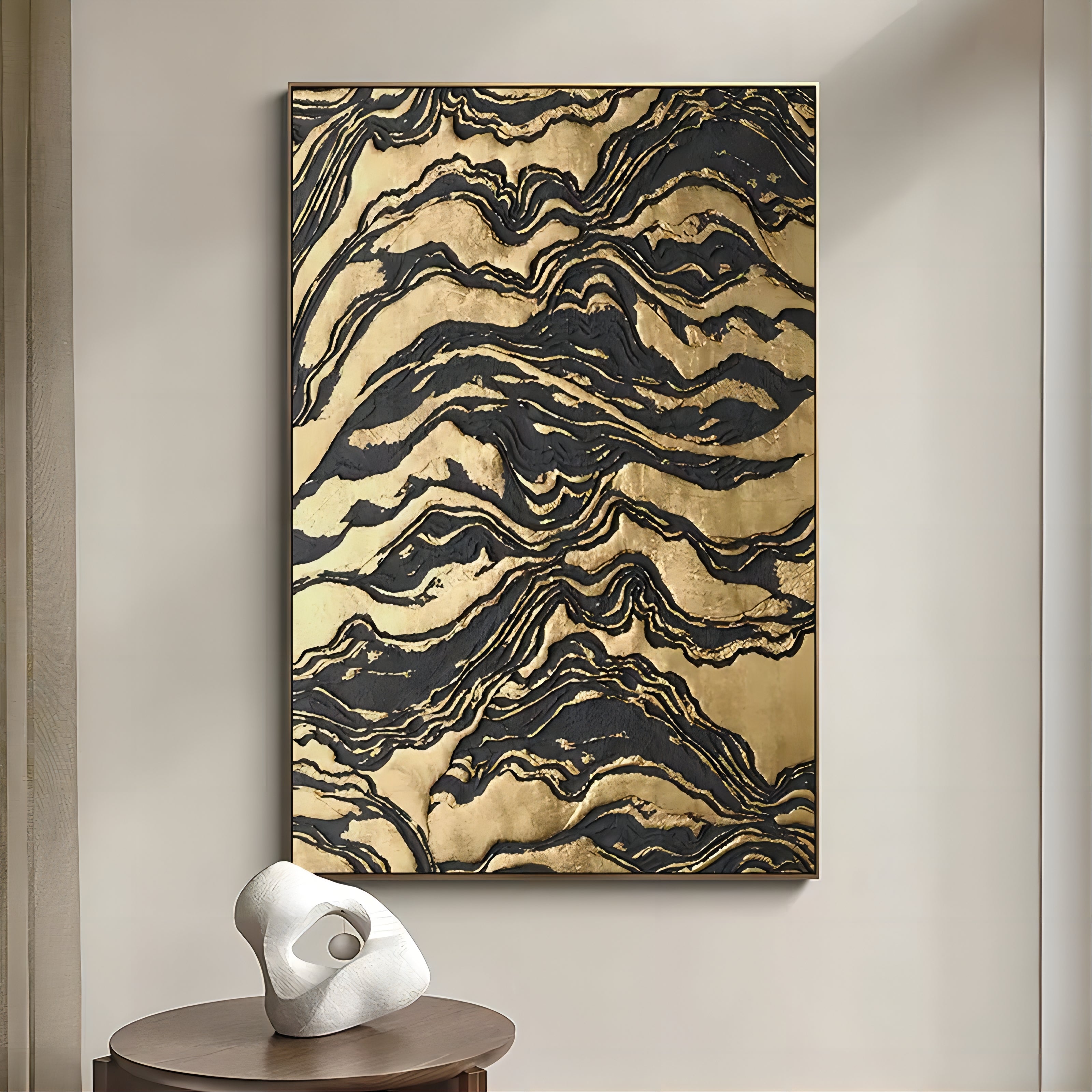 Wall Art Textured Gold Black Abstract Wavy