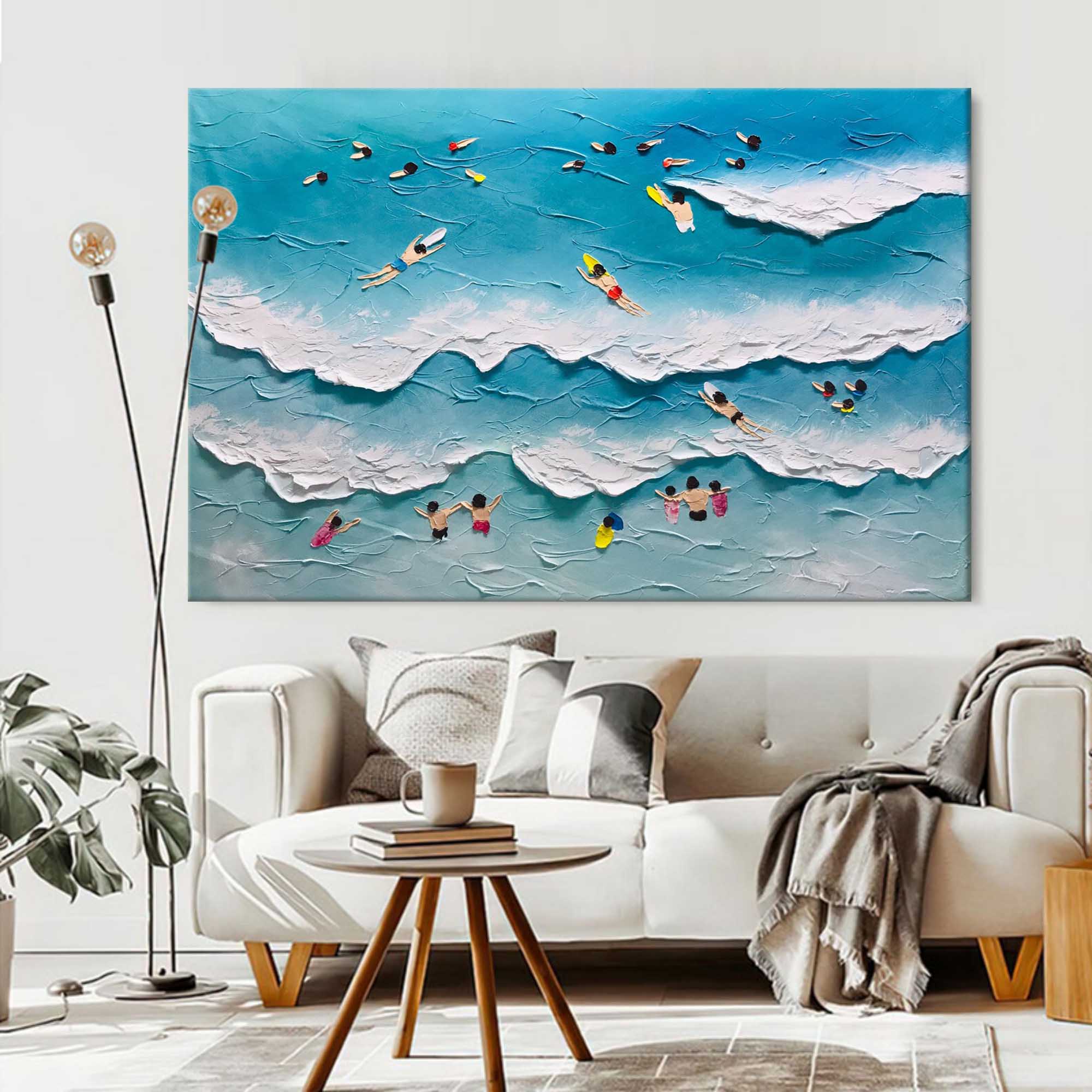 Wall Art Vibrant Beach Swimming Scene Impasto