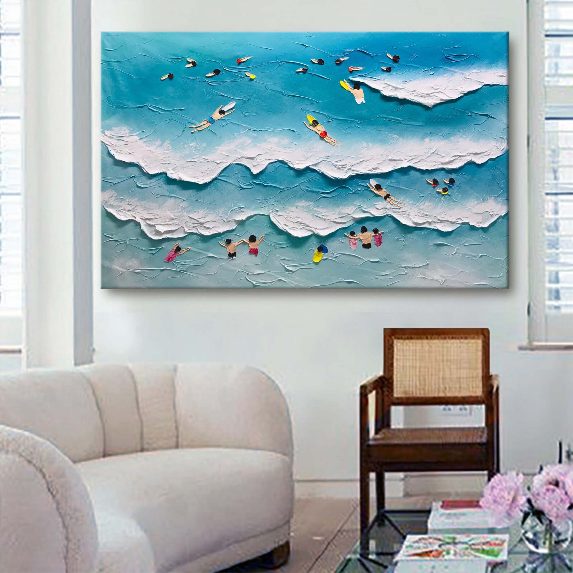 Wall Art Vibrant Beach Swimming Scene Impasto