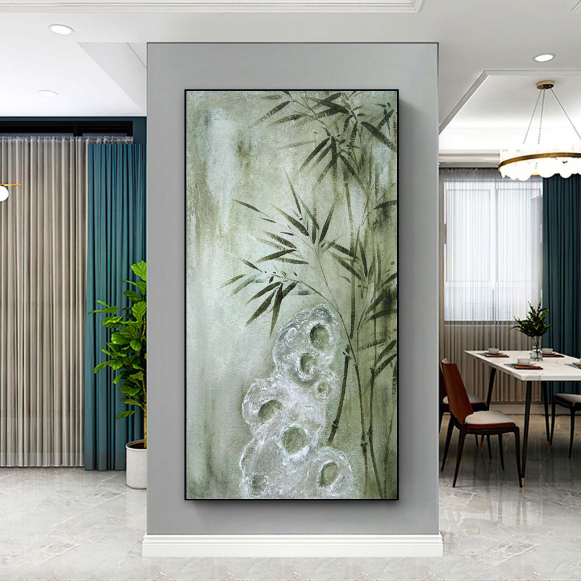 Wall Art Sage Green Bamboo Rock Chinese Ink