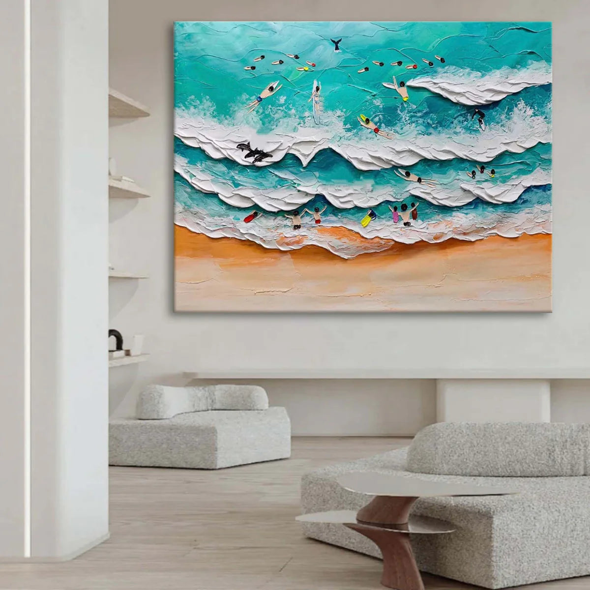 3D Beach Surfing Scene Textured Wall Art