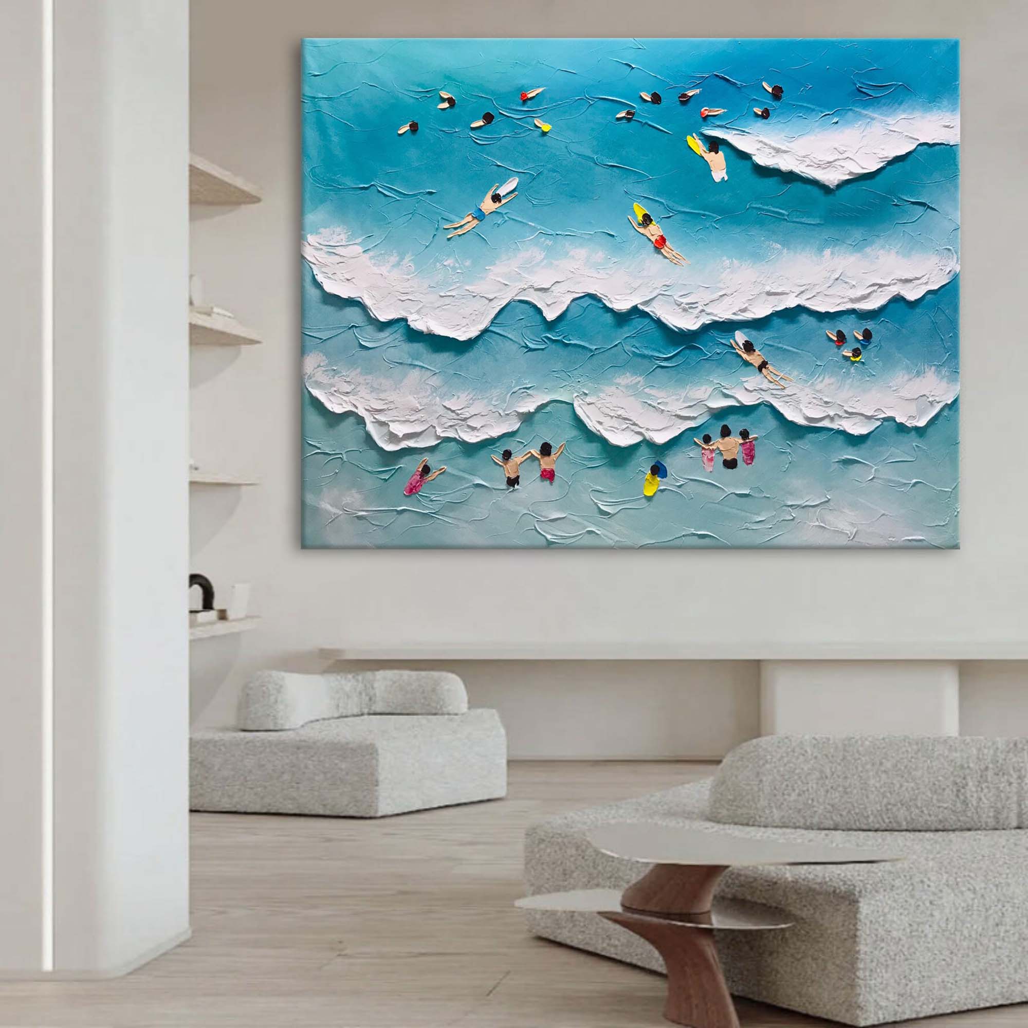 Wall Art Vibrant Beach Swimming Scene Impasto