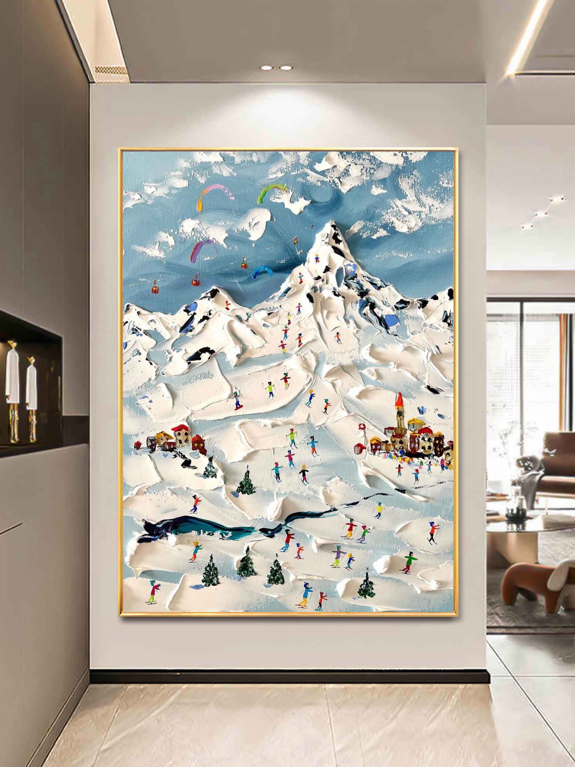 Wall Art Colorful Skiers Mountain Sky Cozy