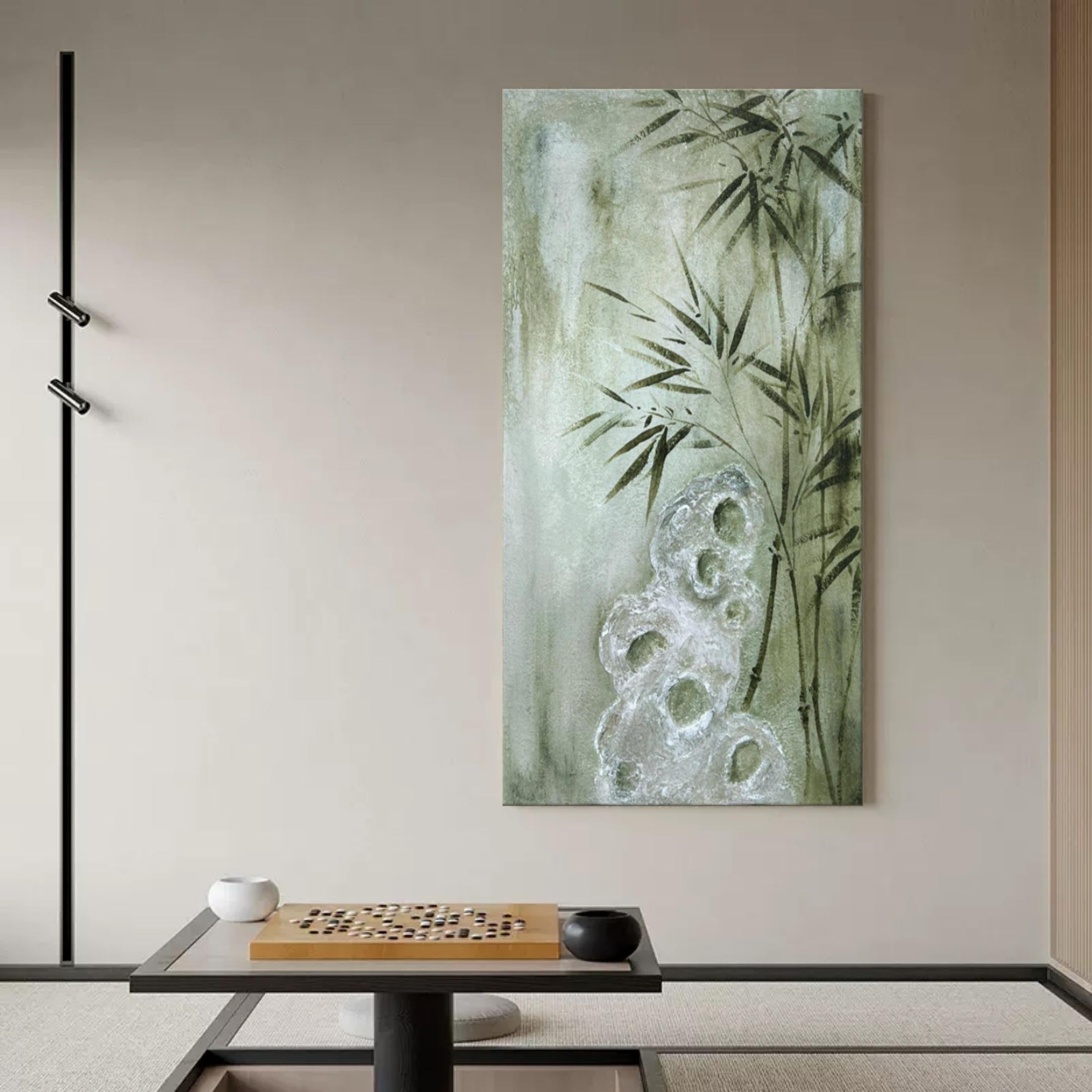 Wall Art Sage Green Bamboo Rock Chinese Ink