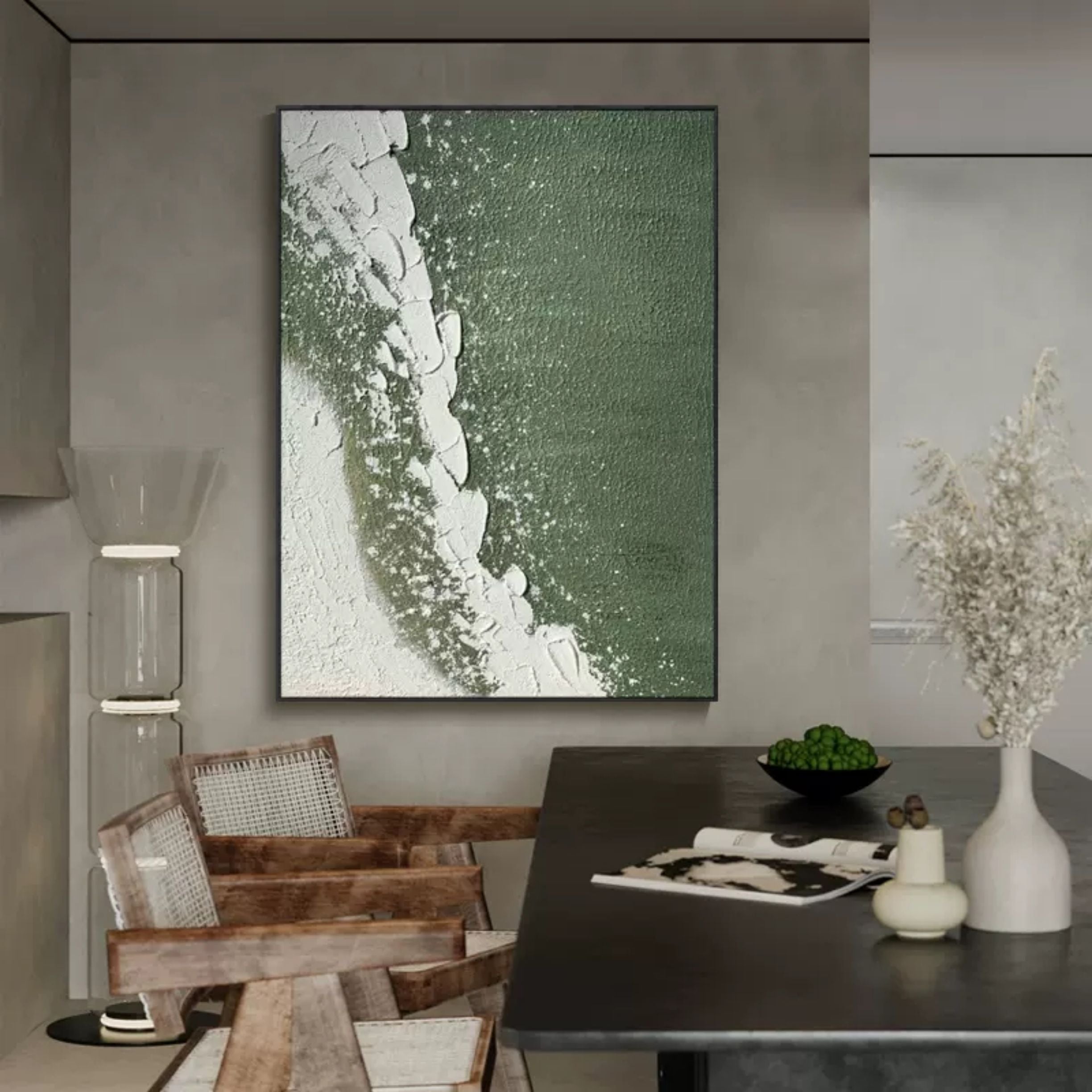 Wall Art Deep Green White Curved Wave Abstract