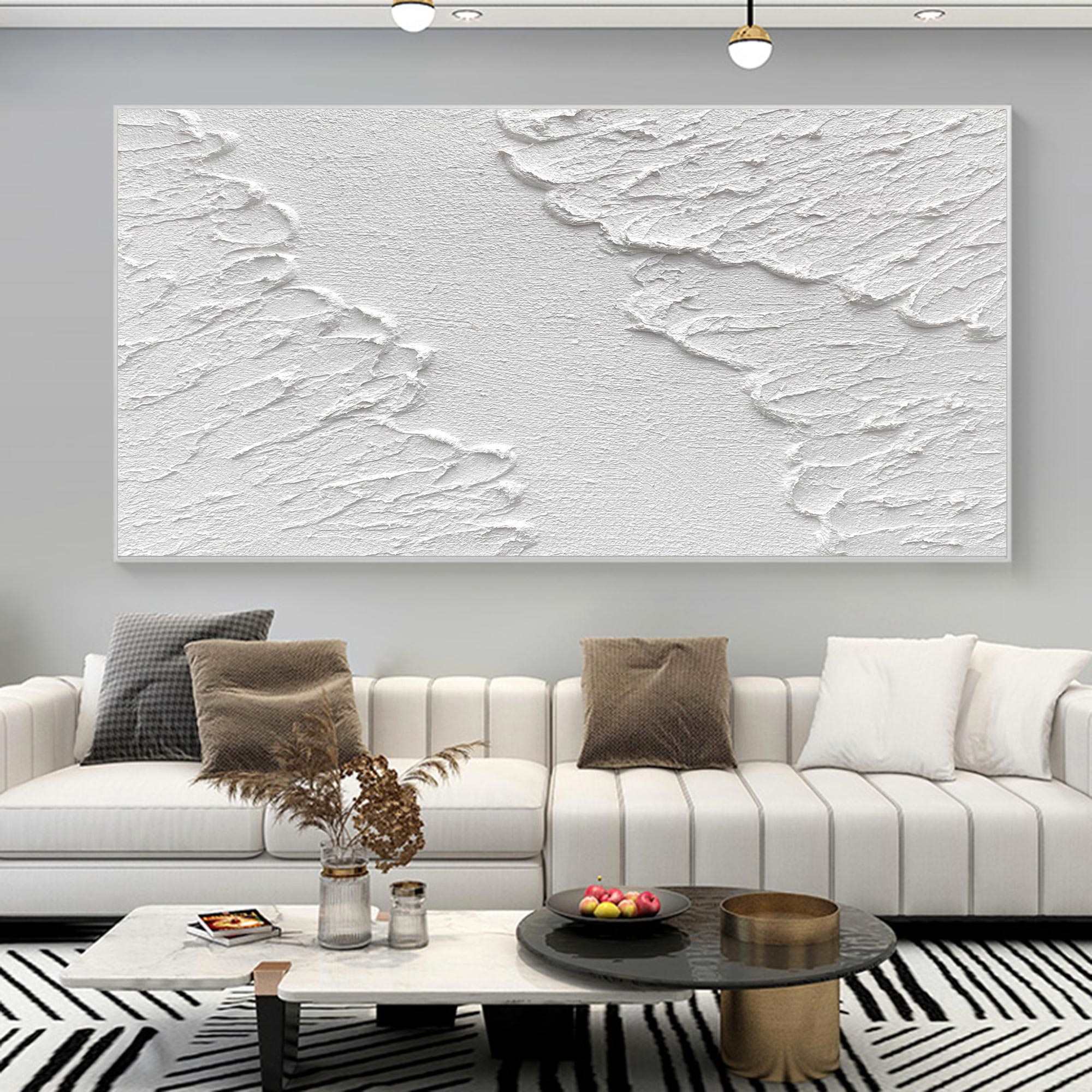 Pure‑White Horizontal Crack‑Relief Plaster‑Textured Artwork