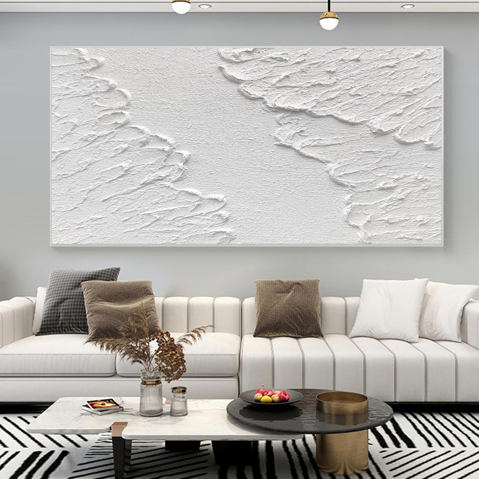 Large 3D Textured White Abstract Relief Oil Acrylic Linen Canvas Painting