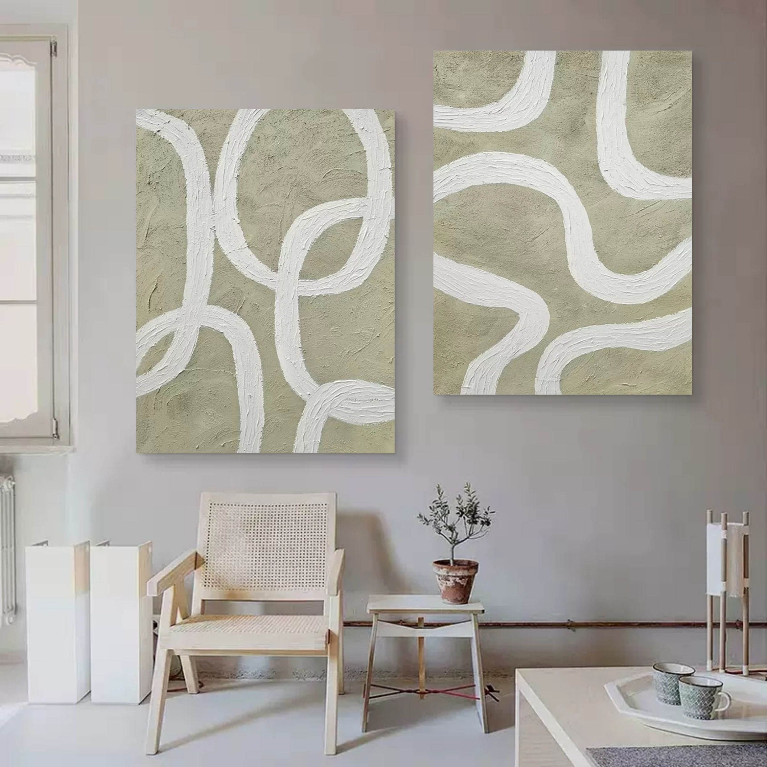 Wall Art Sage Green White Curved Line Diptych