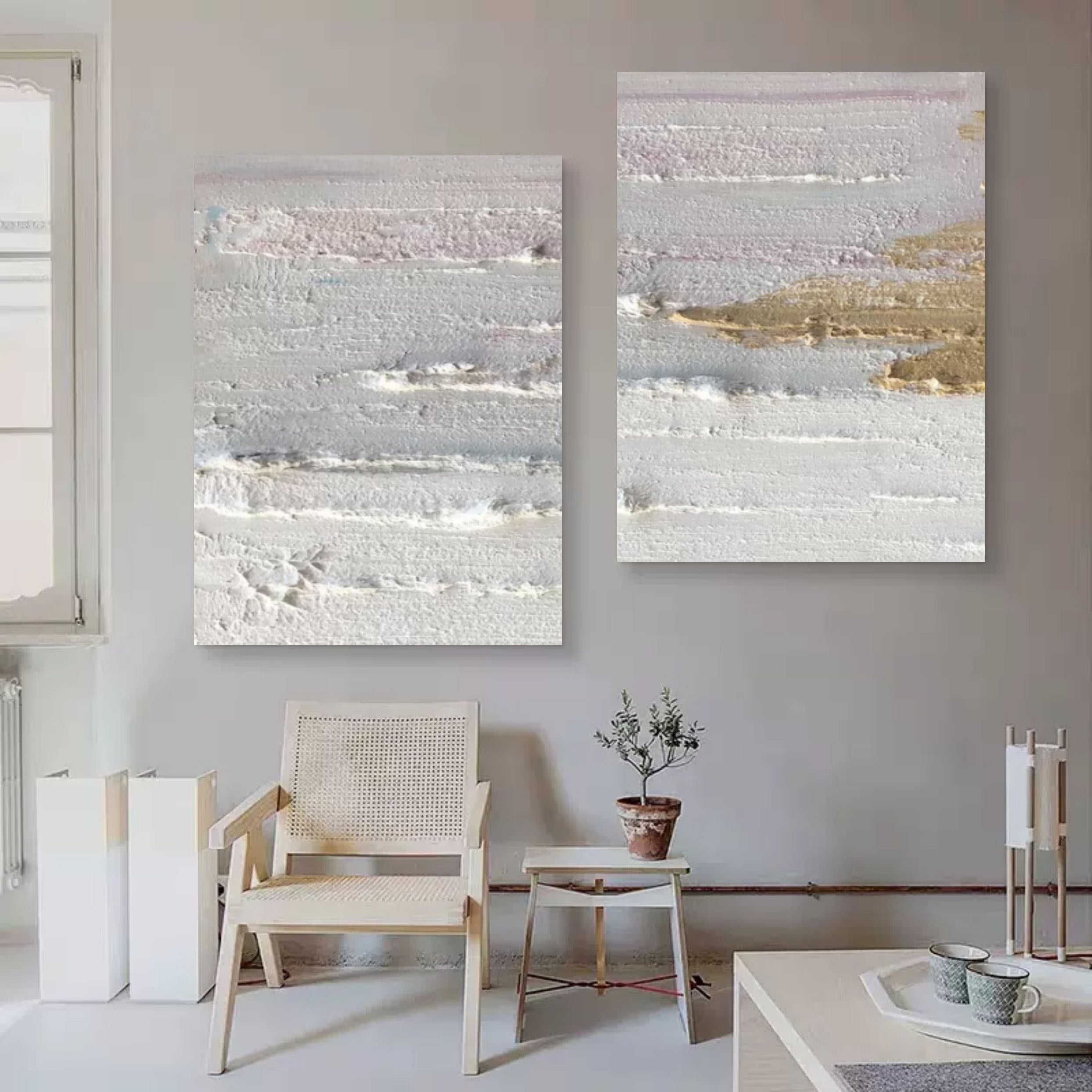 Wall Art Pastel Gray Gold Layered Wave Diptych