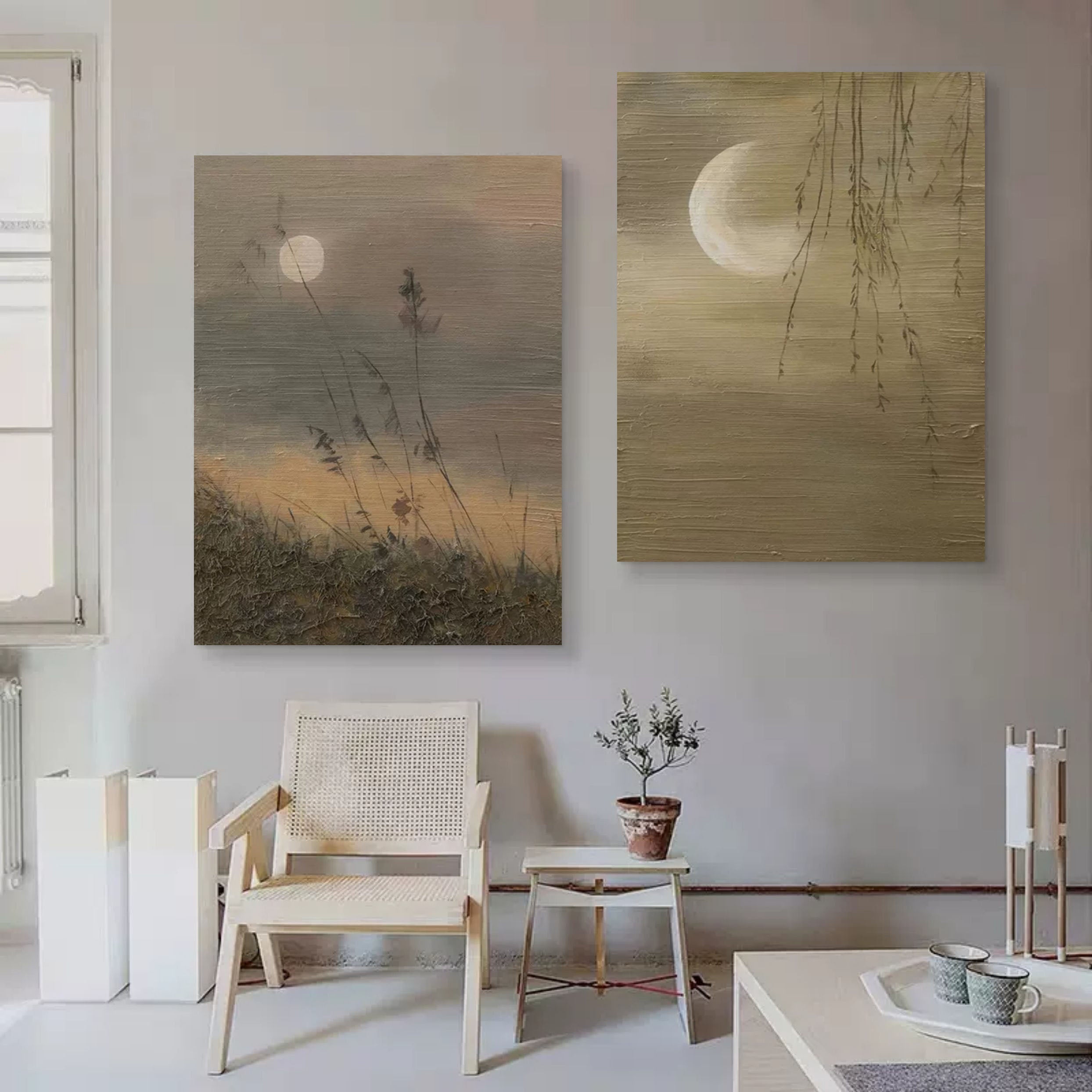 Wall Art Earthy Tone Moon Willow Grass Diptych