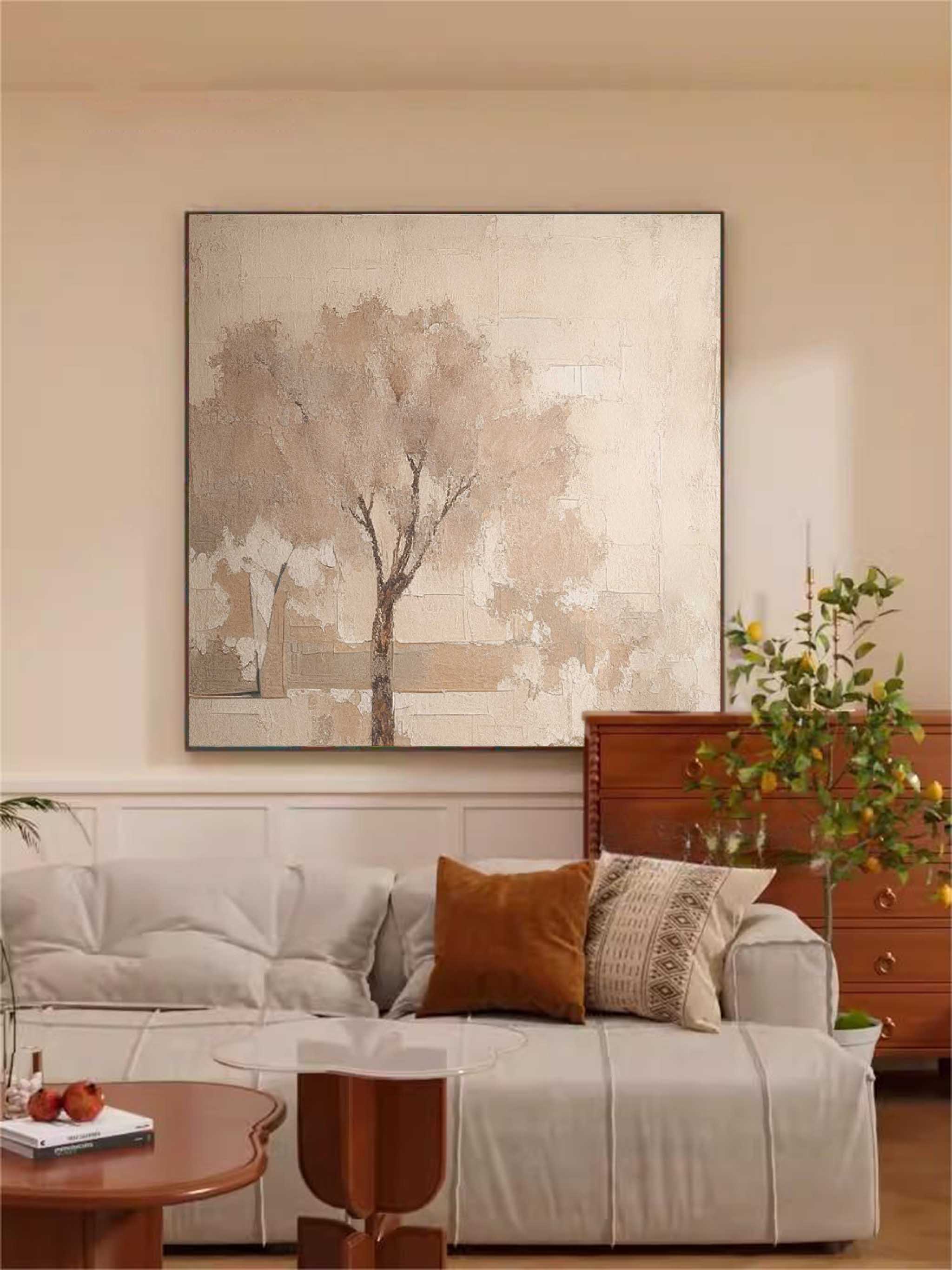 Neutral Beige Tree Abstract Canvas Wall Art
