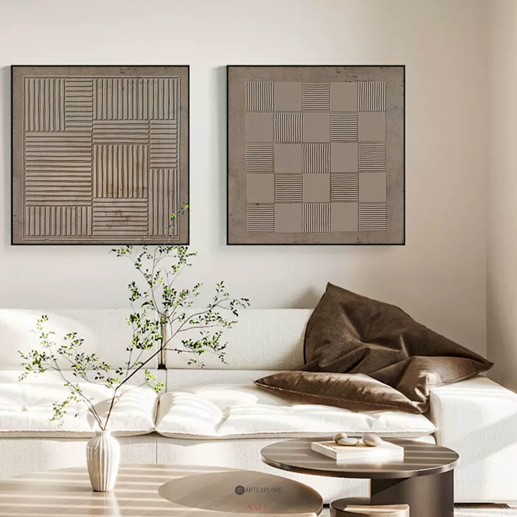 Neutral Beige‑Taupe Geometric Diptych Abstract  Raised Linear Textured Artwork